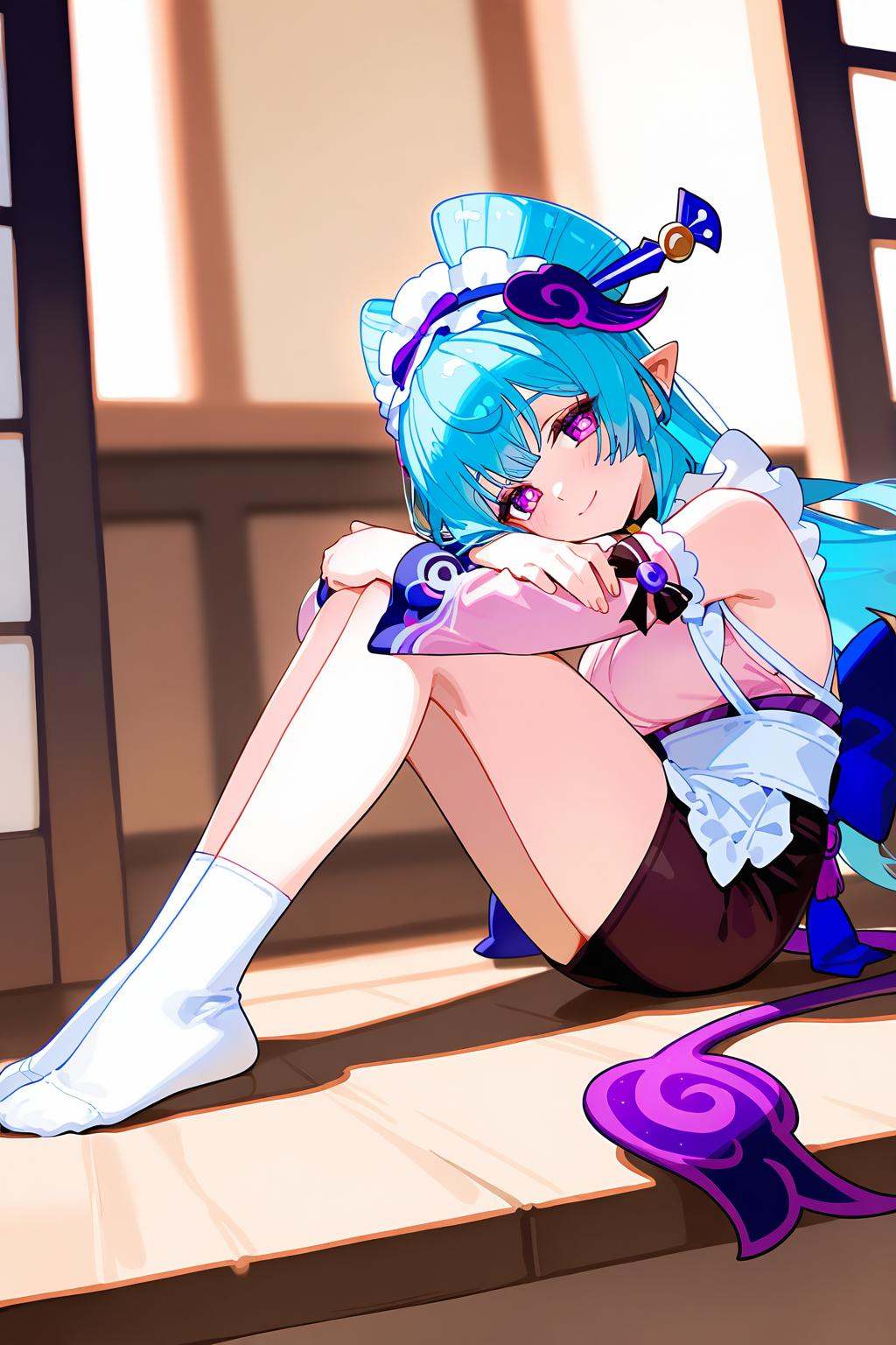 [artist:ningen_mame],artist:ciloranko,<lora:Yumemizuki Mizuki(genshin impact)-000008:0.8>,Yumemizuki Mizuki(genshin impact),1girl,solo,long hair,detached sleeves,smile,pointy ears,looking at viewer,apron,purple eyes,maid headdress,sitting,bangs,breasts,symbol-shaped pupils,tail,horns,blue hair,socks,closed mouth,