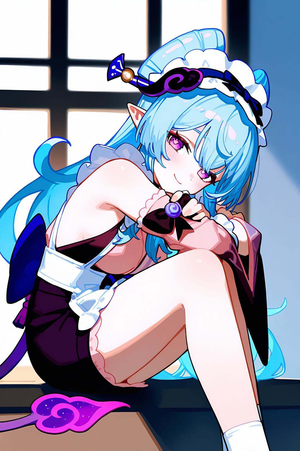 [artist:ningen_mame],artist:ciloranko,<lora:Yumemizuki Mizuki(genshin impact)-000008:0.8>,Yumemizuki Mizuki(genshin impact),1girl,solo,long hair,detached sleeves,smile,pointy ears,looking at viewer,apron,purple eyes,maid headdress,sitting,bangs,breasts,symbol-shaped pupils,tail,horns,blue hair,socks,closed mouth,