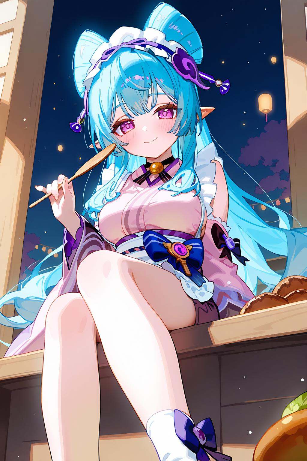 [artist:ningen_mame],artist:ciloranko,<lora:Yumemizuki Mizuki(genshin impact)-000006:0.8>,Yumemizuki Mizuki(genshin impact),1girl,solo,long hair,pointy ears,detached sleeves,breasts,looking at viewer,smile,bangs,purple eyes,holding,apron,sitting,socks,maid headdress,closed mouth,hair bun,food,large breasts,blue hair,hair ornament,japanese clothes,frills,wide sleeves,blush,