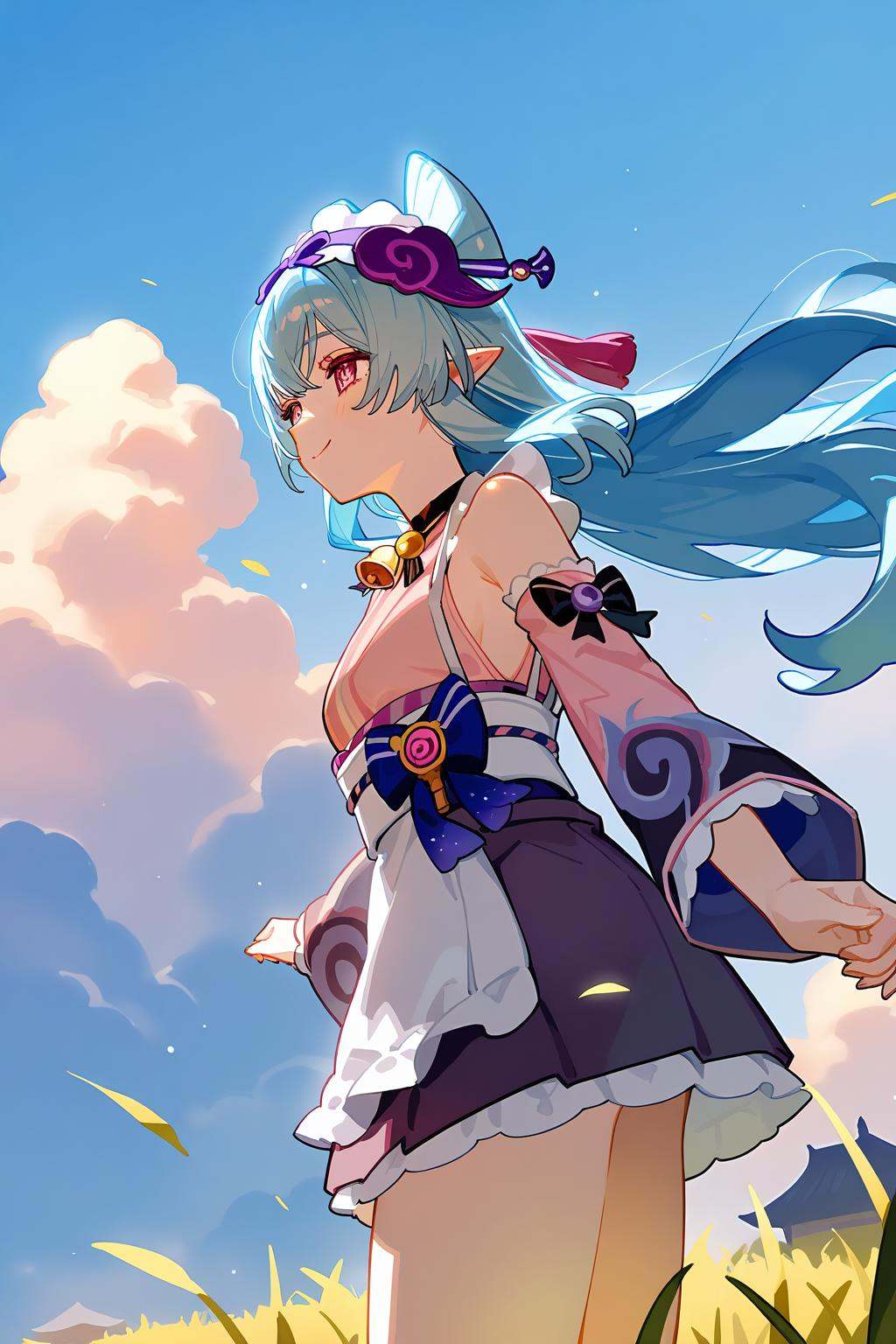 [artist:ningen_mame],artist:ciloranko,<lora:Yumemizuki Mizuki(genshin impact)-000008:0.8>,Yumemizuki Mizuki(genshin impact), solo, 1girl, sky, long hair, virtual youtuber, pointy ears, japanese clothes, smile, blue hair, kimono, bell, detached sleeves, sash, bow, obi