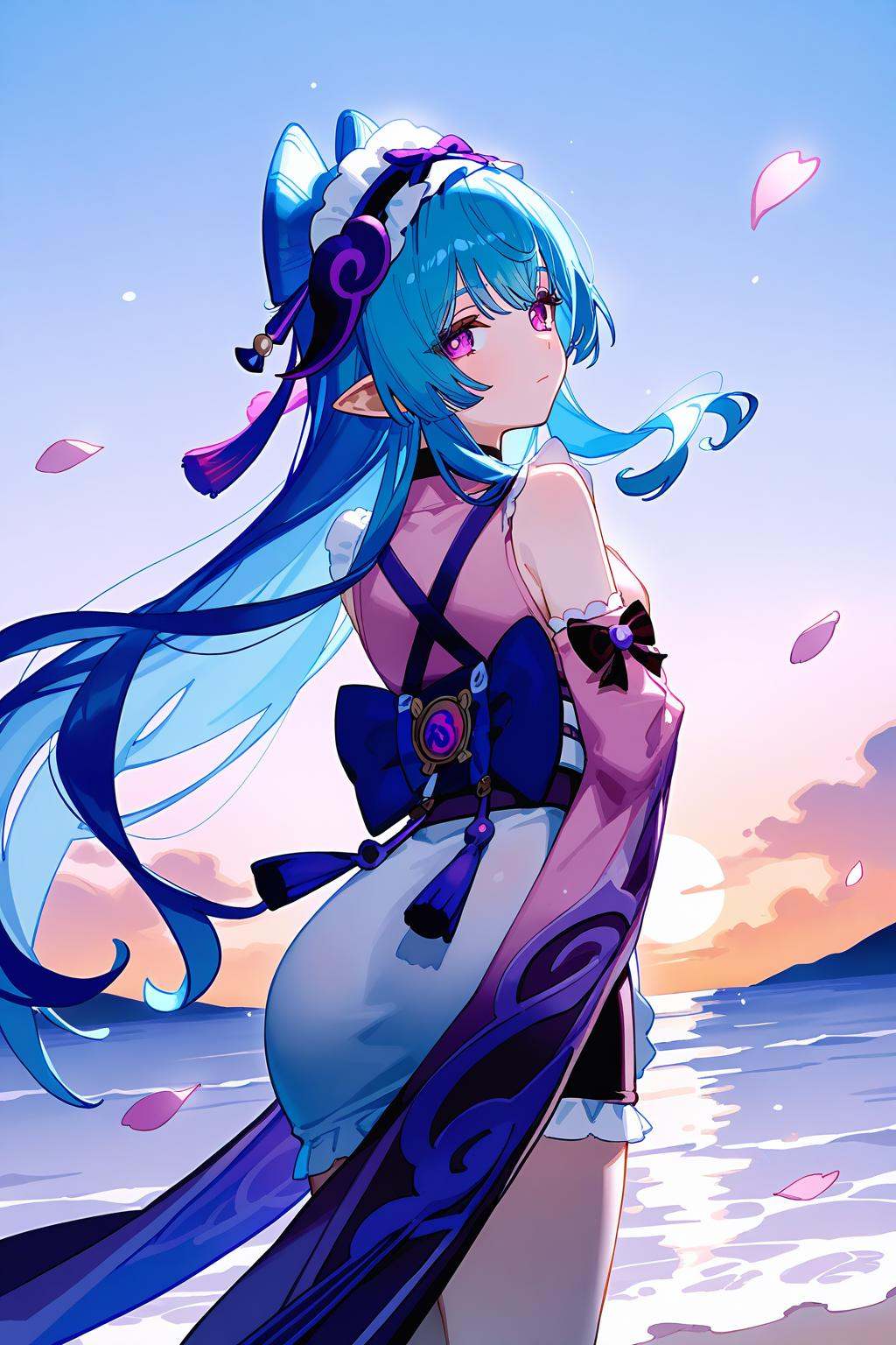 [artist:ningen_mame],artist:ciloranko,<lora:Yumemizuki Mizuki(genshin impact)-000008:0.8>,Yumemizuki Mizuki(genshin impact), 1girl, solo, long hair, horns, water, maid headdress, very long hair, blue hair, from behind, detached sleeves, looking at viewer, petals, pointy ears, long sleeves, bangs, japanese clothes, bare shoulders, kimono, bow, purple eyes, closed mouth, sash, obi, wide sleeves, sky, sleeveless kimono