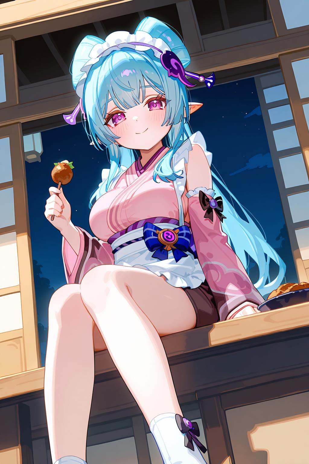 [artist:ningen_mame],artist:ciloranko,<lora:Yumemizuki Mizuki(genshin impact)-000006:0.6>,Yumemizuki Mizuki(genshin impact),1girl,solo,long hair,pointy ears,detached sleeves,breasts,looking at viewer,smile,bangs,purple eyes,holding,apron,sitting,socks,maid headdress,closed mouth,hair bun,food,large breasts,blue hair,hair ornament,japanese clothes,frills,wide sleeves,blush,