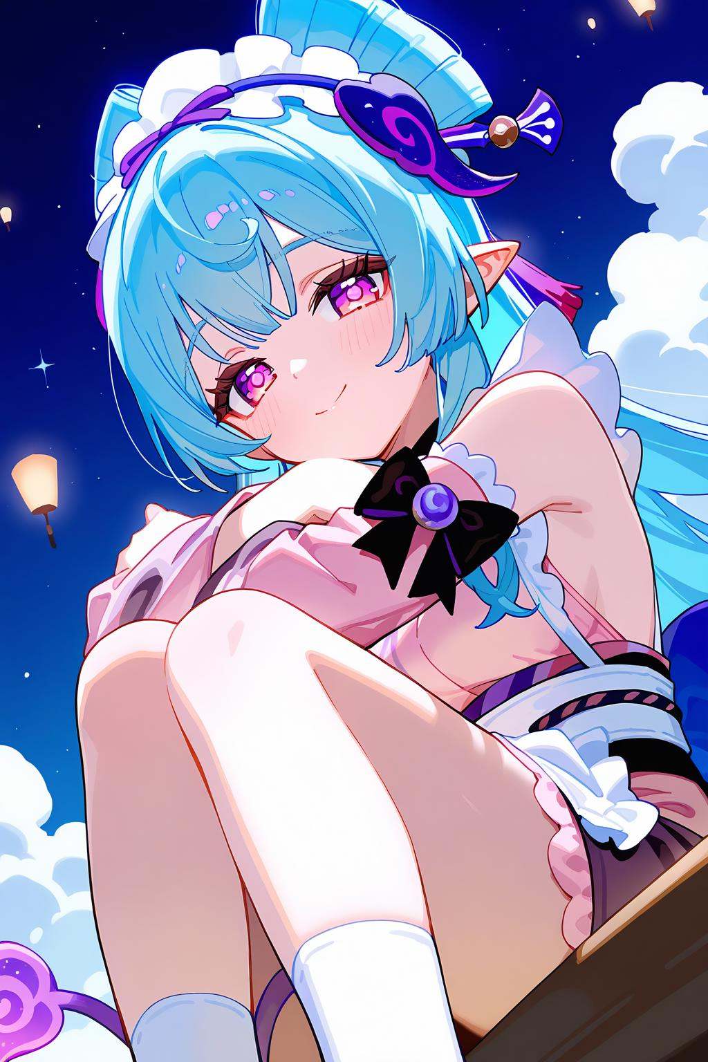 [artist:ningen_mame],artist:ciloranko,<lora:Yumemizuki Mizuki(genshin impact)-000008:0.8>,Yumemizuki Mizuki(genshin impact),1girl,solo,long hair,detached sleeves,smile,pointy ears,looking at viewer,apron,purple eyes,maid headdress,sitting,bangs,breasts,symbol-shaped pupils,tail,horns,blue hair,socks,closed mouth,