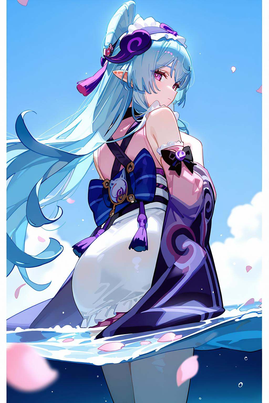 [artist:ningen_mame],artist:ciloranko,<lora:Yumemizuki Mizuki(genshin impact)-000008:0.8>,Yumemizuki Mizuki(genshin impact), 1girl, solo, long hair, horns, water, maid headdress, very long hair, blue hair, from behind, detached sleeves, looking at viewer, petals, pointy ears, long sleeves, bangs, japanese clothes, bare shoulders, kimono, bow, purple eyes, closed mouth, sash, obi, wide sleeves, sky, sleeveless kimono