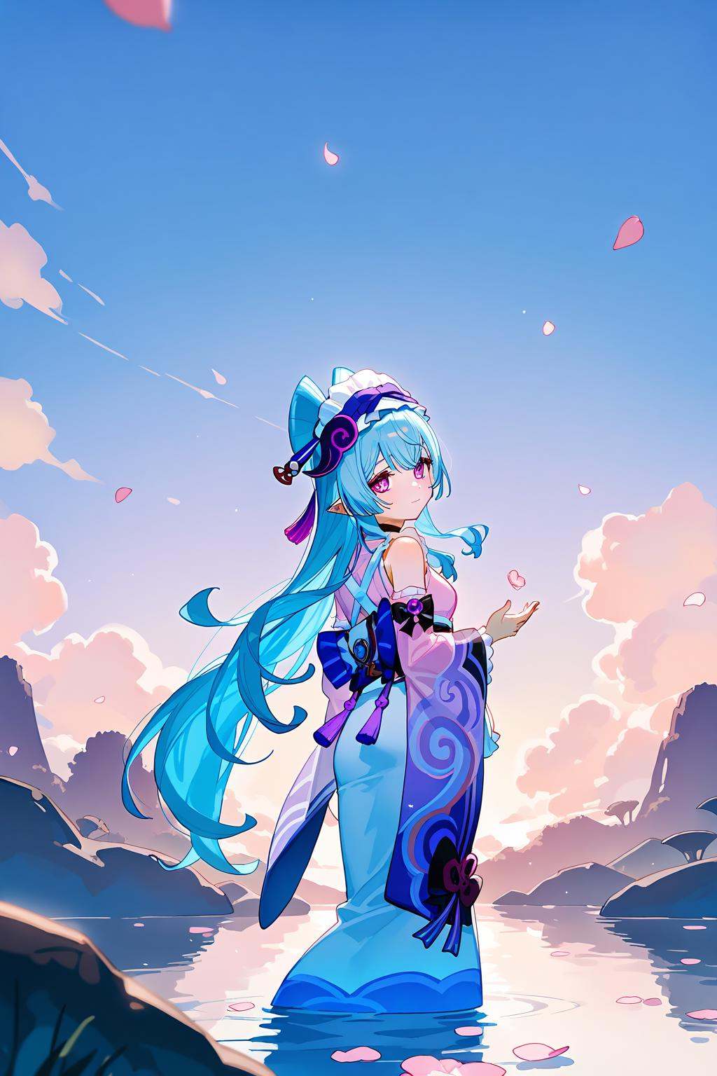 [artist:ningen_mame],artist:ciloranko,<lora:Yumemizuki Mizuki(genshin impact)-000008:0.8>,Yumemizuki Mizuki(genshin impact), 1girl, solo, long hair, horns, water, maid headdress, very long hair, blue hair, from behind, detached sleeves, looking at viewer, petals, pointy ears, long sleeves, bangs, japanese clothes, bare shoulders, kimono, bow, purple eyes, closed mouth, sash, obi, wide sleeves, sky, sleeveless kimono