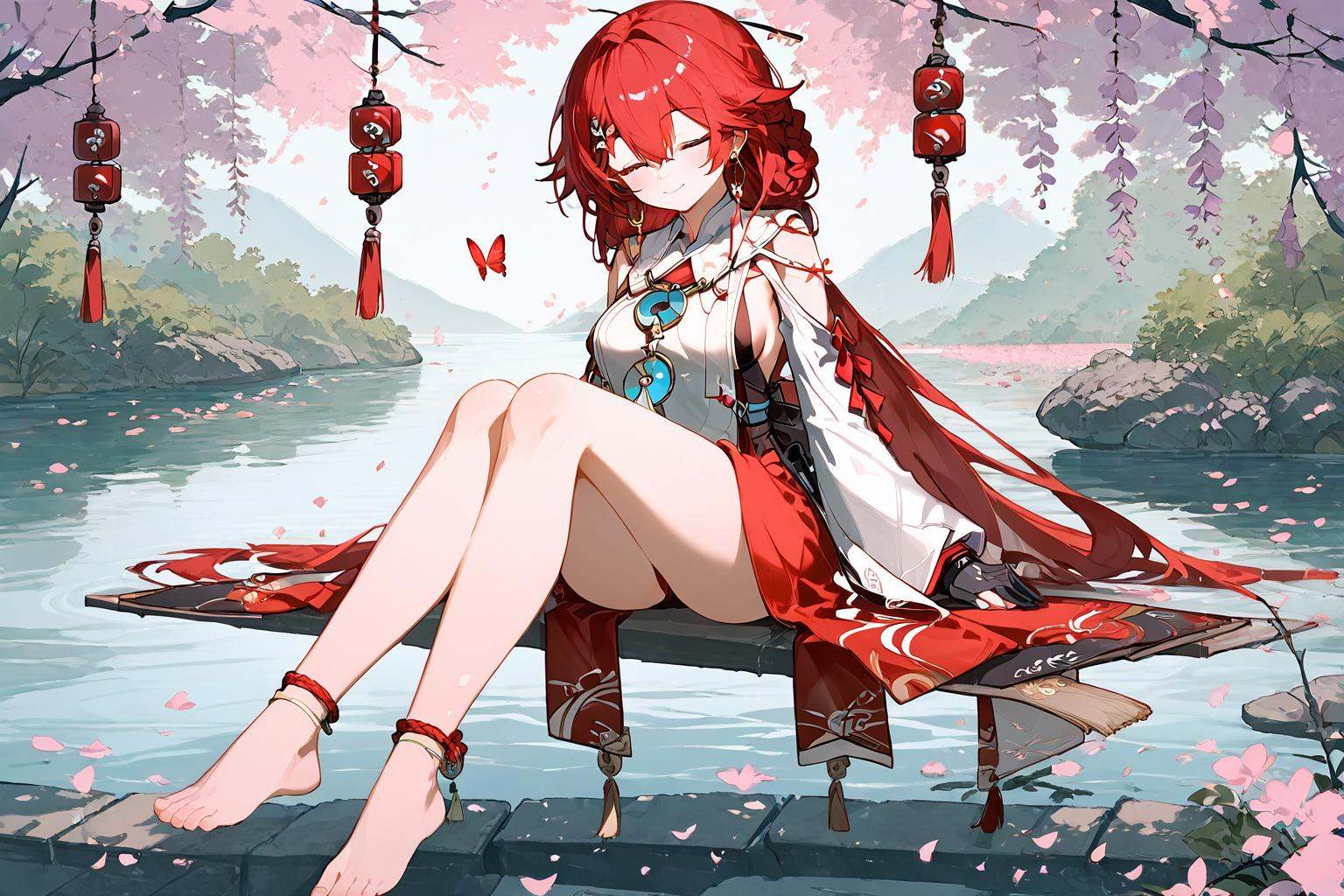 (score_9,score_8_up,score_7_up),<lora:danjin-v1:1> 1girl, bangs, bare shoulders, blue eyes,blush, braid, earrings, gloves, hair between eyes, hair ornament, jewelry, long sleeves, red hair, solo,,1girl,long hair,solo,detached sleeves,anklet,jewelry,cherry blossoms,wide sleeves,barefoot,closed eyes,bare legs,sitting,petals,breasts,japanese clothes,legs,water,butterfly,bangs,hair between eyes,nontraditional miko,full body,hair ornament,smile,earrings,bare shoulders,shirt,very long hair,white shirt,sideboob,thighs,long sleeves,sleeveless shirt,sleeveless,closed mouth,good feet,very beautiful,anime,NSFW,ultra hd 32k,expressive,absurdres,moody lighting,