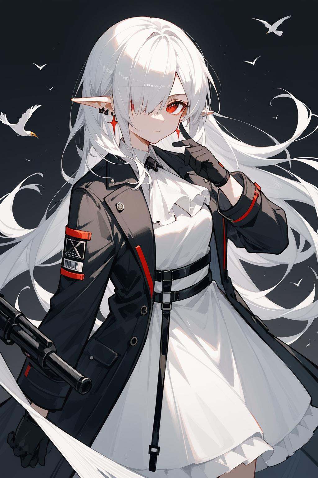 (score_9,score_8_up,score_7_up),<lora:Gladiia(Arknights)-v1-000008:0.2>,Gladiia(Arknights),1girl,red eyes,long hair,white ascot,weapon,solo,hair over one eye,pointy ears,white hair,ascot,earrings,jewelry,long sleeves,looking at viewer,dress,holding,black gloves,white dress,coat,official alternate costume,grey background,gloves,bangs,one eye covered,closed mouth,cowboy shot,black coat,shirt,bird,black background,good feet,anime,NSFW,expressive,amazing quality,ultra hd 32k,