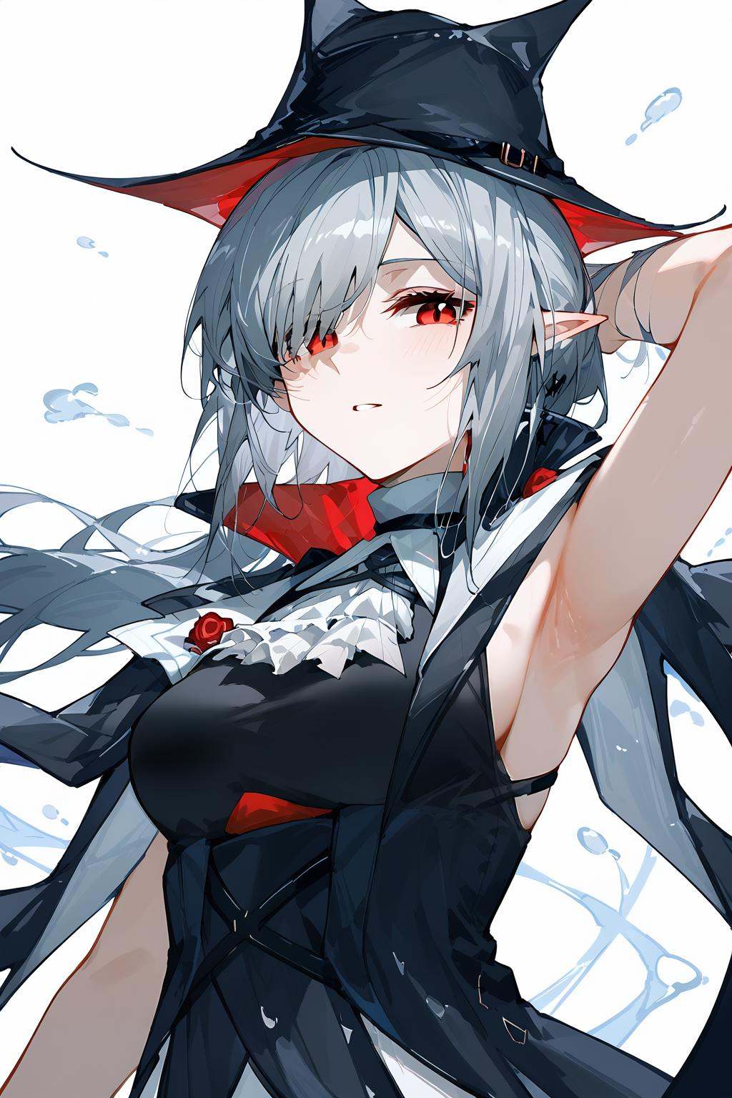 (score_9,score_8_up,score_7_up),<lora:Gladiia(Arknights)-v1-000008>,milf,Gladiia(Arknights), 1girl, red eyes, armpits, pointy ears, black headwear, hair over one eye, hat, long hair, looking at viewer, solo, upper body, arm up, white background, breasts, grey hair, ascot, parted lips, white ascot, black dress, dress, simple background, sleeveless, cape, medium breasts, bangs, high collar, jewelrygood feet,anime,NSFW,expressive,amazing quality,ultra hd 32k,