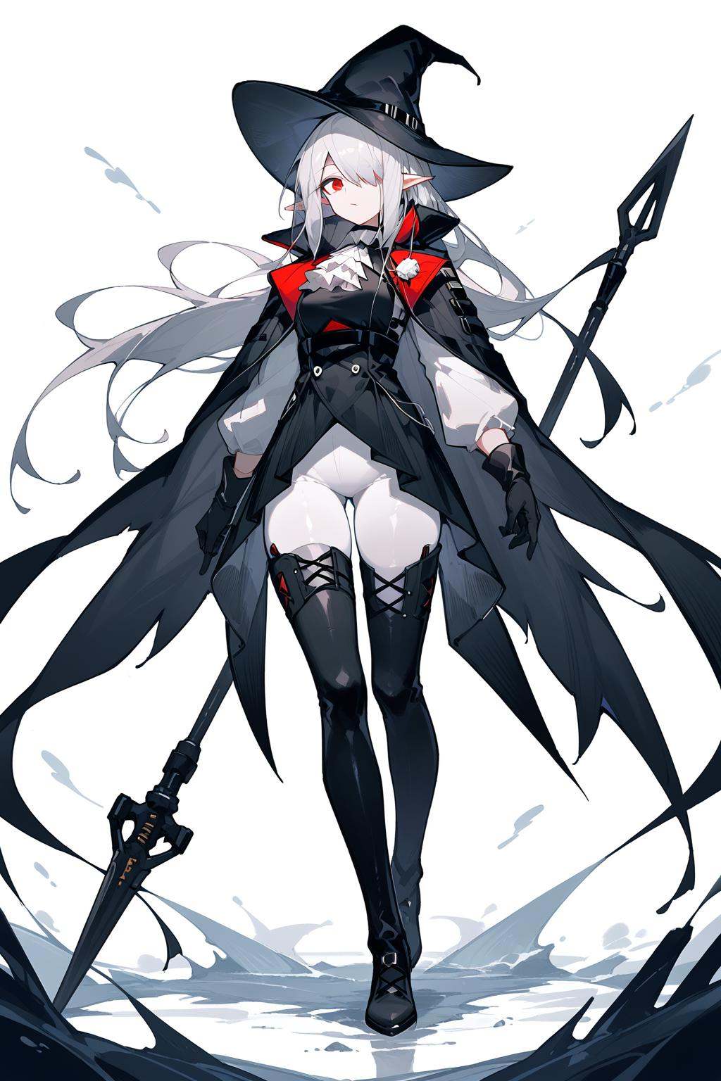 (score_9,score_8_up,score_7_up),<lora:Gladiia(Arknights)-v1-000008:0.6>,Gladiia(Arknights),1girl,white ascot,weapon,polearm,white pants,white background,holding weapon,boots,holding,ascot,solo,thighhighs,black footwear,simple background,hat,holding polearm,tight pants,black headwear,long hair,tight,red eyes,dress,full body,thigh boots,pants,black dress,spear,gloves,black gloves,looking at viewer,pointy ears,coat,cape,standing,bangs,black coat,grey hair,white hair,black cape,hair over one eye,pale skin,black thighhighs,very long hair,thighs,good feet,anime,NSFW,expressive,amazing quality,ultra hd 32k,