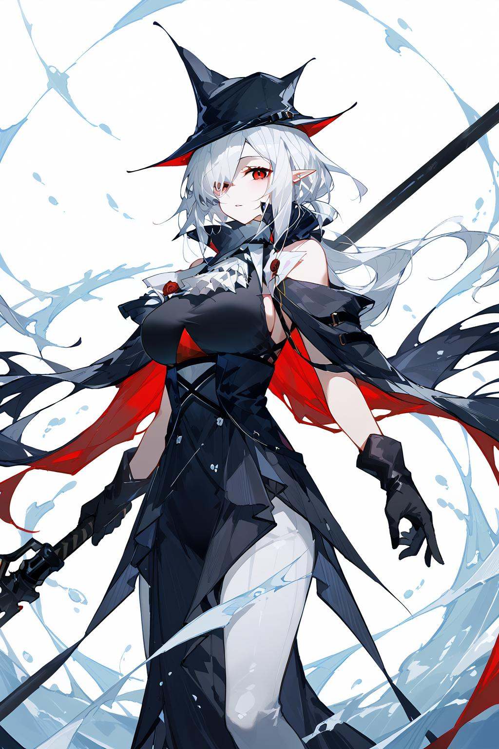(score_9,score_8_up,score_7_up),<lora:Gladiia(Arknights)-v1-000008>,milf,Gladiia(Arknights),1girl,whole body,gloves,red eyes,pointy ears,black gloves,white ascot,hair over one eye,white background,solo,black headwear,weapon,hat,holding,ascot,breasts,bare shoulders,simple background,looking at viewer,holding weapon,dress,large breasts,long hair,white hair,high collar,black dress,official alternate costume,cape,polearm,sleeveless,parted lips,black cape,bangs,good feet,anime,NSFW,expressive,amazing quality,ultra hd 32k,