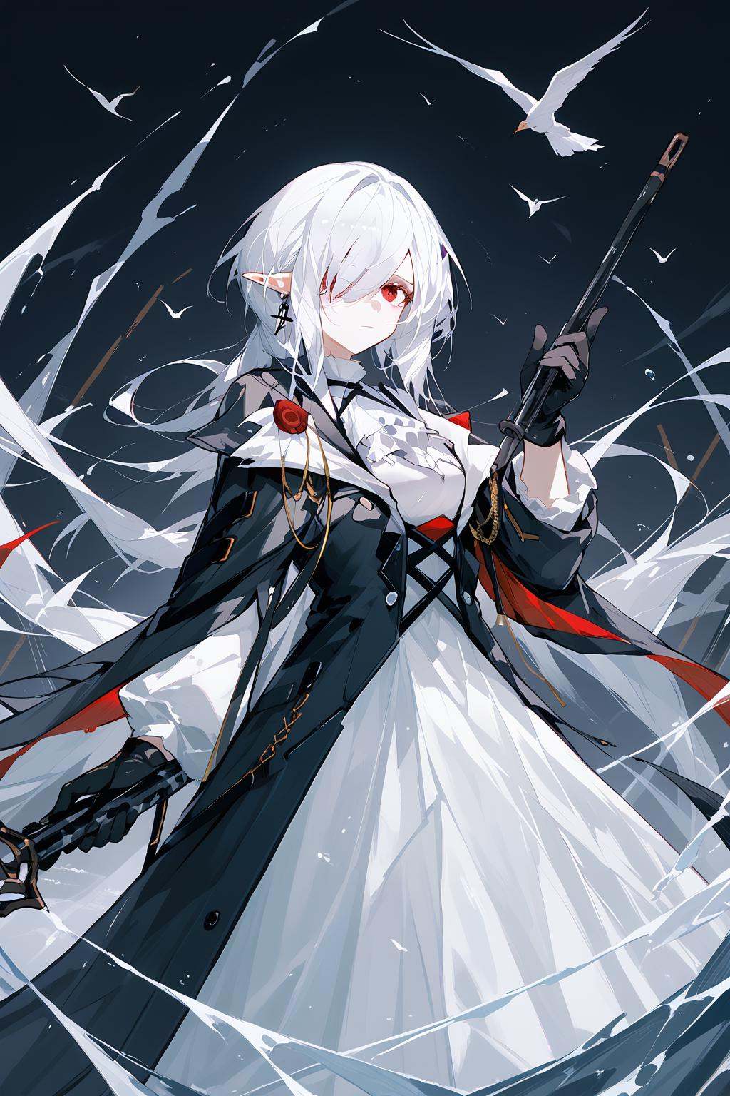 (score_9,score_8_up,score_7_up),milf,<lora:Gladiia(Arknights)-v1-000008:1>,Gladiia(Arknights),1girl,red eyes,long hair,white ascot,weapon,solo,hair over one eye,pointy ears,white hair,ascot,earrings,jewelry,long sleeves,looking at viewer,dress,holding,black gloves,white dress,coat,official alternate costume,grey background,gloves,bangs,one eye covered,closed mouth,cowboy shot,black coat,shirt,bird,black background,good feet,anime,NSFW,expressive,amazing quality,ultra hd 32k,