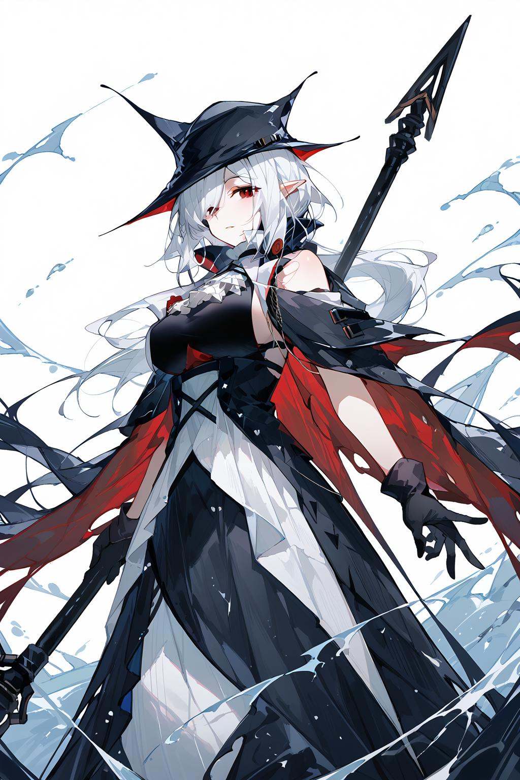 (score_9,score_8_up,score_7_up),<lora:Gladiia(Arknights)-v1-000008>,milf,Gladiia(Arknights),1girl,whole body,gloves,red eyes,pointy ears,black gloves,white ascot,hair over one eye,white background,solo,black headwear,weapon,hat,holding,ascot,breasts,bare shoulders,simple background,looking at viewer,holding weapon,dress,large breasts,long hair,white hair,high collar,black dress,official alternate costume,cape,polearm,sleeveless,parted lips,black cape,bangs,good feet,anime,NSFW,expressive,amazing quality,ultra hd 32k,