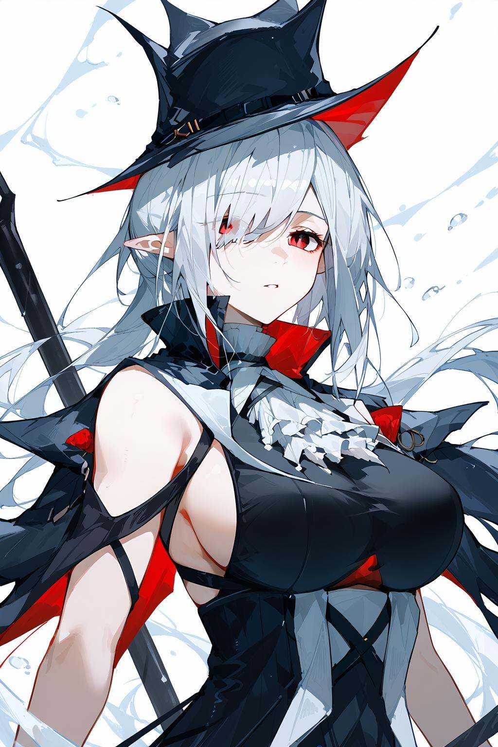 (score_9,score_8_up,score_7_up),<lora:Gladiia(Arknights)-v1-000008>,milf,Gladiia(Arknights),1girl,gloves,red eyes,pointy ears,black gloves,white ascot,hair over one eye,white background,solo,black headwear,weapon,hat,holding,ascot,breasts,bare shoulders,simple background,upper body,looking at viewer,holding weapon,dress,large breasts,long hair,white hair,high collar,black dress,official alternate costume,cape,polearm,sleeveless,parted lips,black cape,bangs,good feet,anime,NSFW,expressive,amazing quality,ultra hd 32k,