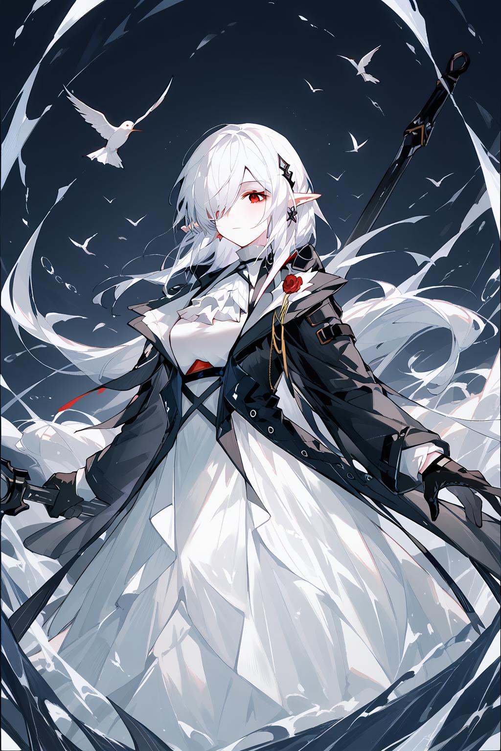 (score_9,score_8_up,score_7_up),milf,<lora:Gladiia(Arknights)-v1-000008:1>,Gladiia(Arknights),1girl,red eyes,long hair,white ascot,weapon,solo,hair over one eye,pointy ears,white hair,ascot,earrings,jewelry,long sleeves,looking at viewer,dress,holding,black gloves,white dress,coat,official alternate costume,grey background,gloves,bangs,one eye covered,closed mouth,cowboy shot,black coat,shirt,bird,black background,good feet,anime,NSFW,expressive,amazing quality,ultra hd 32k,