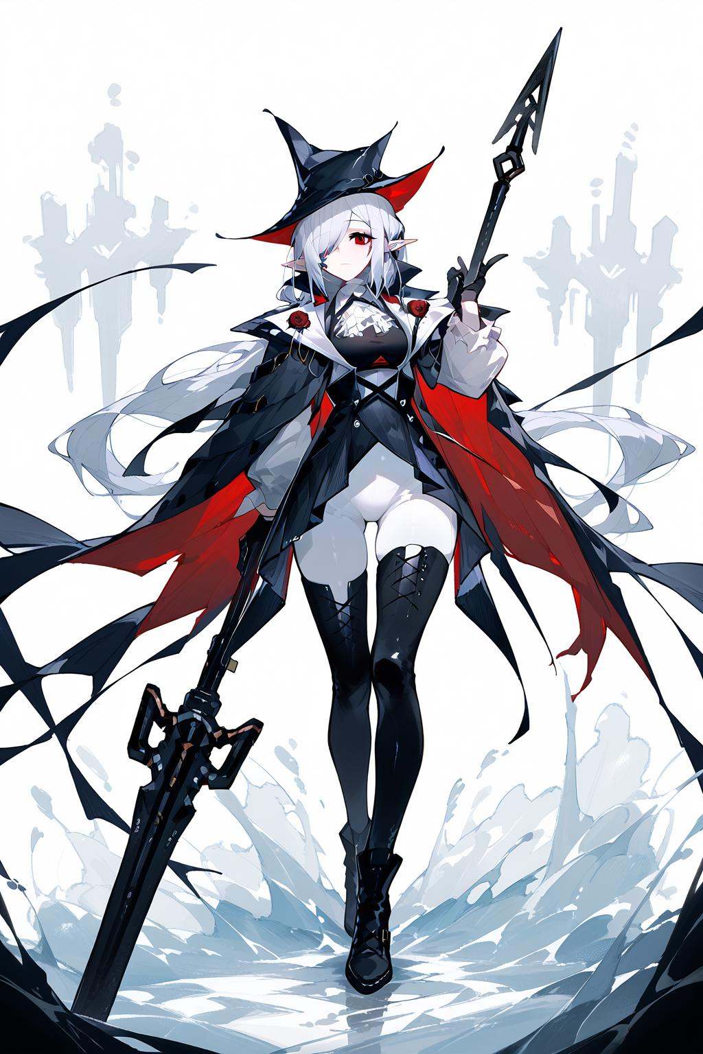 (score_9,score_8_up,score_7_up),<lora:Gladiia(Arknights)-v1-000008:1>,milf,Gladiia(Arknights),1girl,white ascot,weapon,polearm,white pants,white background,holding weapon,boots,holding,ascot,solo,thighhighs,black footwear,simple background,hat,holding polearm,tight pants,black headwear,long hair,tight,red eyes,dress,full body,thigh boots,pants,black dress,spear,gloves,black gloves,looking at viewer,pointy ears,coat,cape,standing,bangs,black coat,grey hair,white hair,black cape,hair over one eye,pale skin,black thighhighs,very long hair,thighs,good feet,anime,NSFW,expressive,amazing quality,ultra hd 32k,