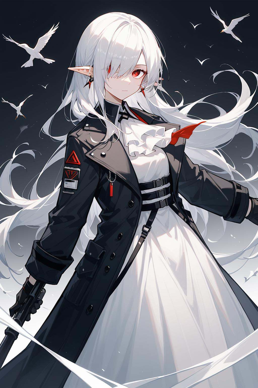 (score_9,score_8_up,score_7_up),<lora:Gladiia(Arknights)-v1-000008:0.4>,Gladiia(Arknights),1girl,red eyes,long hair,white ascot,weapon,solo,hair over one eye,pointy ears,white hair,ascot,earrings,jewelry,long sleeves,looking at viewer,dress,holding,black gloves,white dress,coat,official alternate costume,grey background,gloves,bangs,one eye covered,closed mouth,cowboy shot,black coat,shirt,bird,black background,good feet,anime,NSFW,expressive,amazing quality,ultra hd 32k,