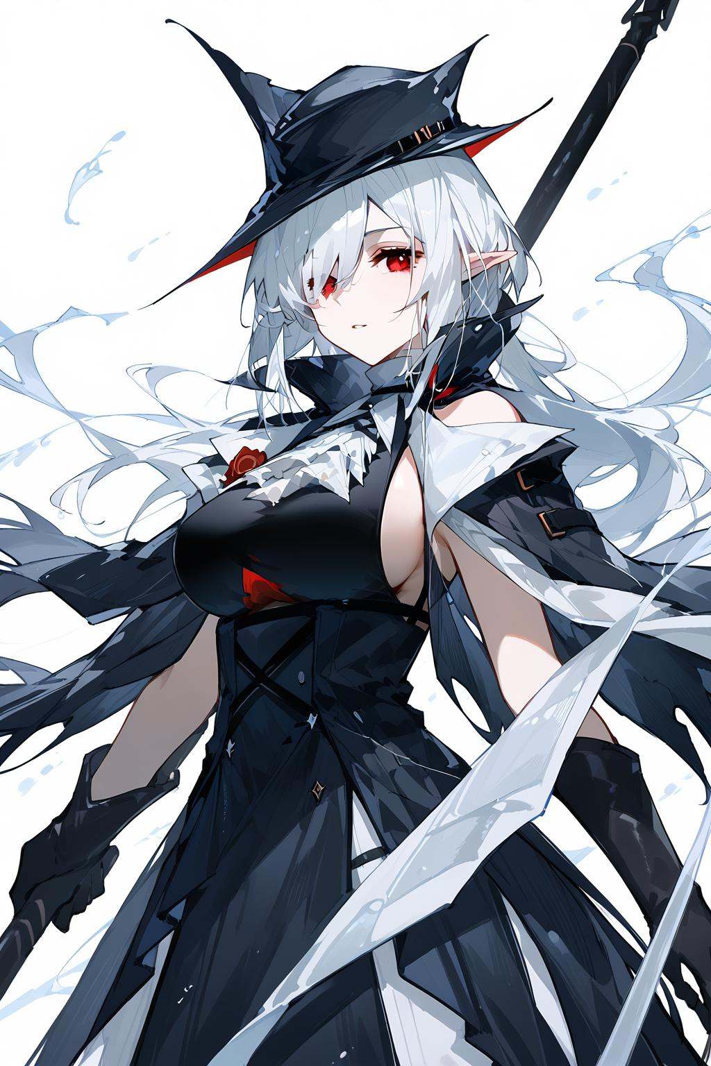 (score_9,score_8_up,score_7_up),<lora:Gladiia(Arknights)-v1-000008>,milf,Gladiia(Arknights),1girl,gloves,red eyes,pointy ears,black gloves,white ascot,hair over one eye,white background,solo,black headwear,weapon,hat,holding,ascot,breasts,bare shoulders,simple background,upper body,looking at viewer,holding weapon,dress,large breasts,long hair,white hair,high collar,black dress,official alternate costume,cape,polearm,sleeveless,parted lips,black cape,bangs,good feet,anime,NSFW,expressive,amazing quality,ultra hd 32k,