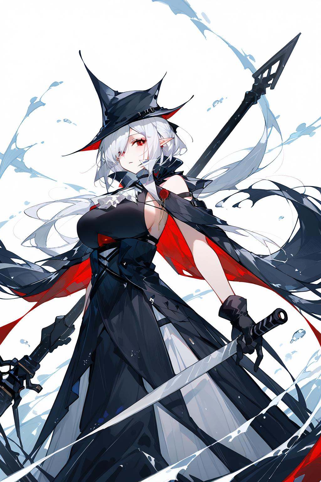 (score_9,score_8_up,score_7_up),<lora:Gladiia(Arknights)-v1-000008>,milf,Gladiia(Arknights),1girl,whole body,gloves,red eyes,pointy ears,black gloves,white ascot,hair over one eye,white background,solo,black headwear,weapon,hat,holding,ascot,breasts,bare shoulders,simple background,looking at viewer,holding weapon,dress,large breasts,long hair,white hair,high collar,black dress,official alternate costume,cape,polearm,sleeveless,parted lips,black cape,bangs,good feet,anime,NSFW,expressive,amazing quality,ultra hd 32k,