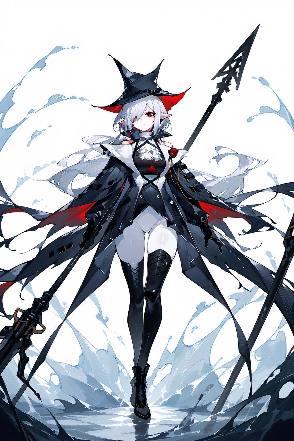 (score_9,score_8_up,score_7_up),<lora:Gladiia(Arknights)-v1-000008:1>,milf,Gladiia(Arknights),1girl,white ascot,weapon,polearm,white pants,white background,holding weapon,boots,holding,ascot,solo,thighhighs,black footwear,simple background,hat,holding polearm,tight pants,black headwear,long hair,tight,red eyes,dress,full body,thigh boots,pants,black dress,spear,gloves,black gloves,looking at viewer,pointy ears,coat,cape,standing,bangs,black coat,grey hair,white hair,black cape,hair over one eye,pale skin,black thighhighs,very long hair,thighs,good feet,anime,NSFW,expressive,amazing quality,ultra hd 32k,