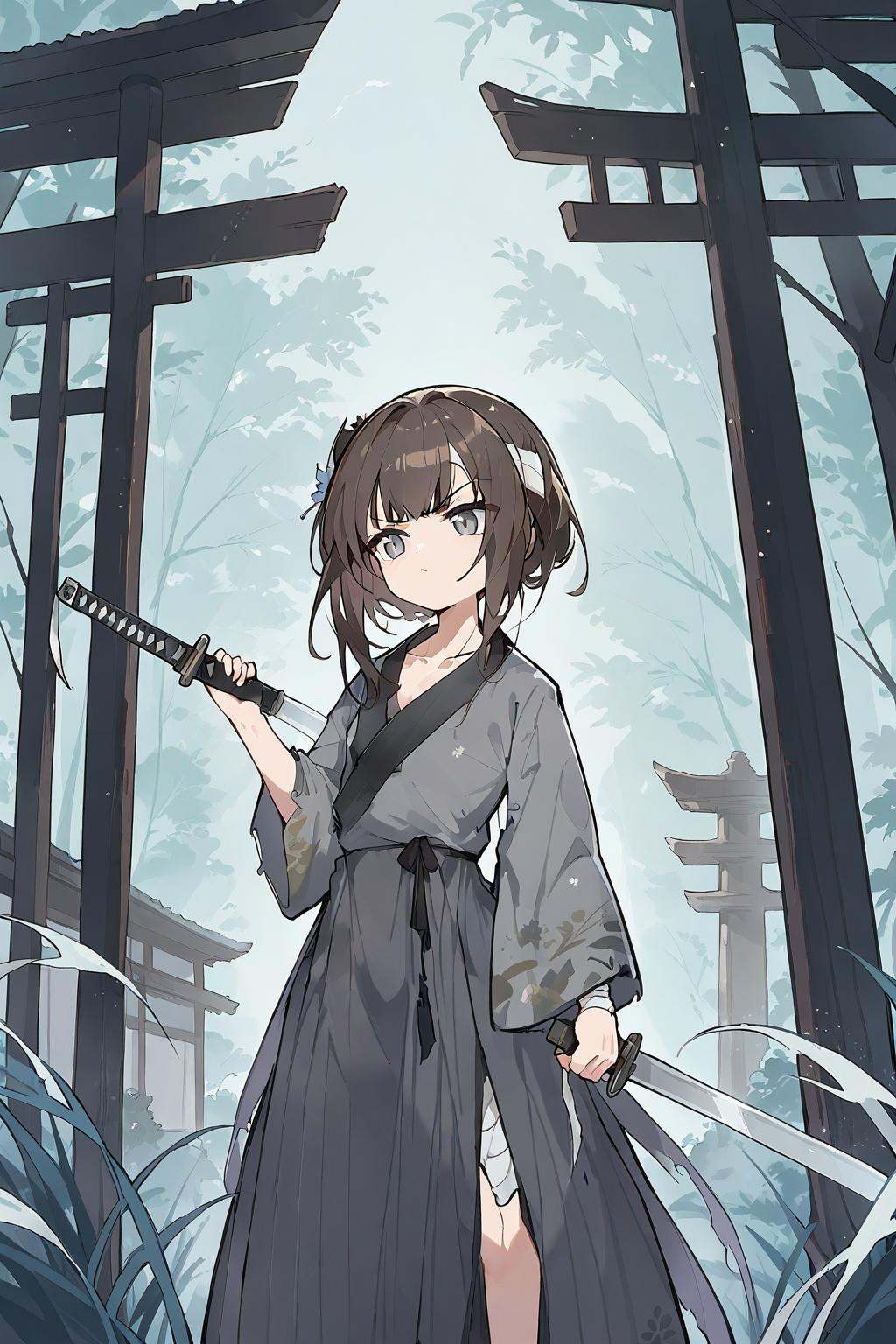 (score_9,score_8_up,score_7_up),<lora:mansui-v1:1>,mansui,1girl,solo,holding,weapon,brown hair,long hair,sword,holding weapon,long sleeves,bangs,wide sleeves,grey eyes,holding sword,closed mouth,knife,grey dress,bandages,holding knife,looking away,grey kimono,profile,dress,collarbone,glint,japanese clothes,katana,v-shaped eyebrows,kimono,standing,good feet,anime,NSFW,expressive,amazing quality,ultra hd 32k,
