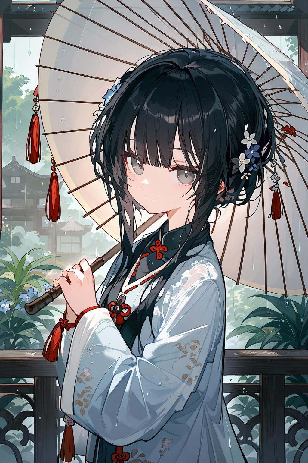 (score_9,score_8_up,score_7_up),<lora:mansui-v1:1>,hanfu,mansui,1girl,solo,umbrella,black hair,holding,long hair,holding umbrella,hair ornament,looking at viewer,smile,bangs,flower,chinese clothes,rain,hair flower,long sleeves,oil-paper umbrella,closed mouth,wide sleeves,grey eyes,upper body,jewelry,tassel,outdoors,railing,good feet,anime,NSFW,expressive,amazing quality,ultra hd 32k,