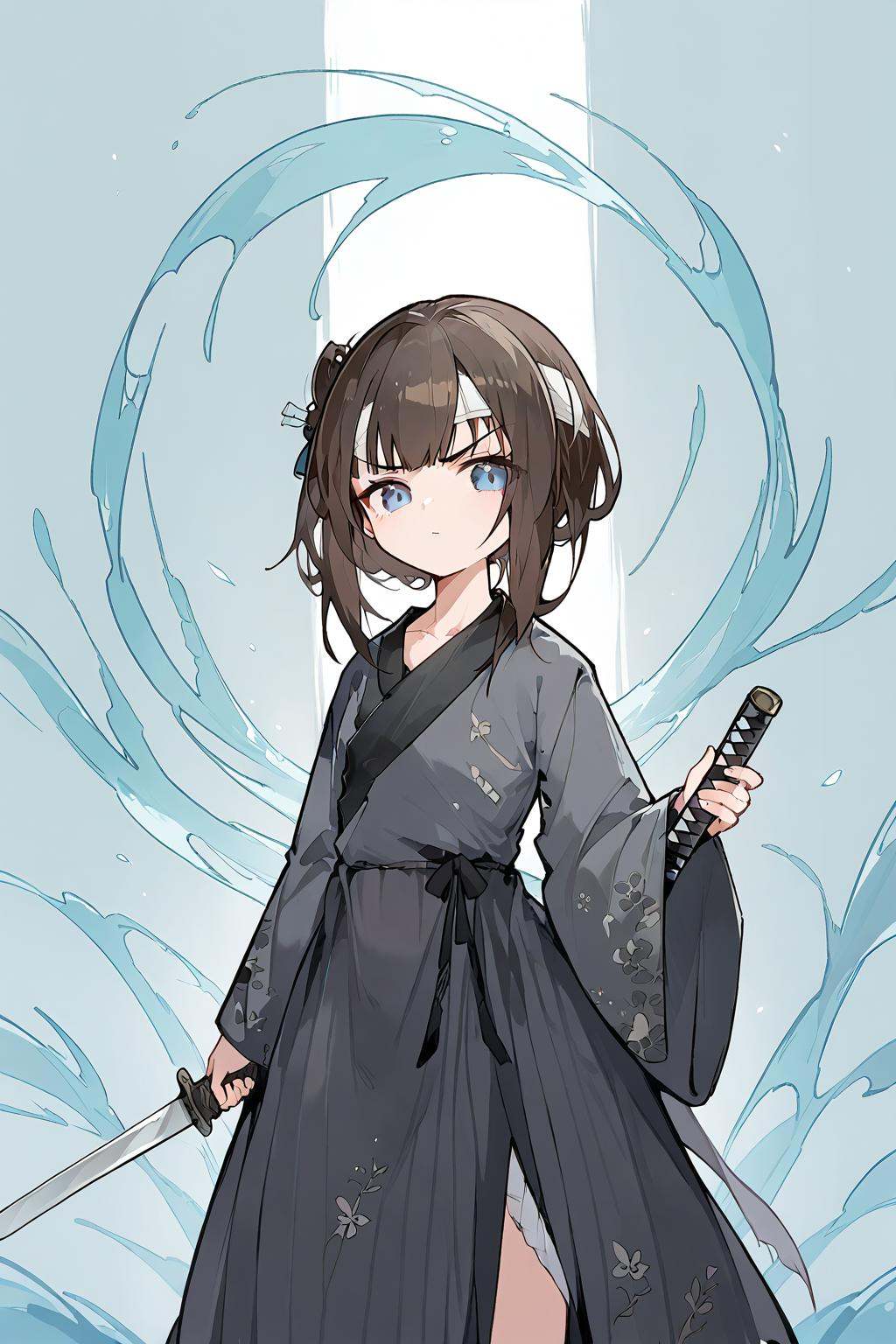 (score_9,score_8_up,score_7_up),<lora:mansui-v1:1>,mansui,1girl,solo,holding,weapon,brown hair,long hair,sword,holding weapon,long sleeves,bangs,wide sleeves,grey eyes,holding sword,closed mouth,knife,grey dress,bandages,holding knife,looking away,grey kimono,profile,dress,collarbone,glint,japanese clothes,katana,v-shaped eyebrows,kimono,standing,good feet,anime,NSFW,expressive,amazing quality,ultra hd 32k,