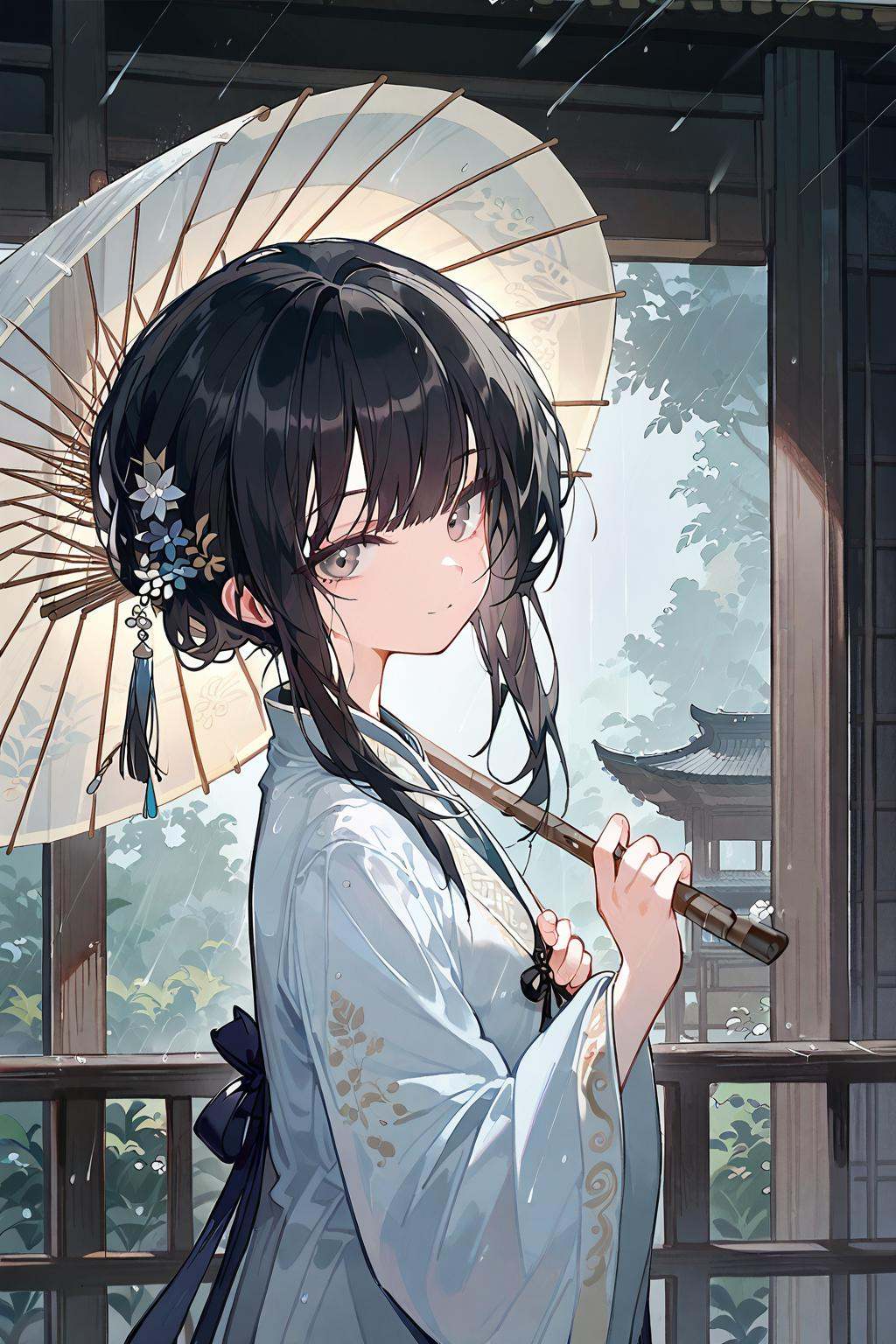 (score_9,score_8_up,score_7_up),<lora:mansui-v1:1>,hanfu,mansui,1girl,solo,umbrella,black hair,holding,long hair,holding umbrella,hair ornament,looking at viewer,smile,bangs,flower,chinese clothes,rain,hair flower,long sleeves,oil-paper umbrella,closed mouth,wide sleeves,grey eyes,upper body,jewelry,tassel,outdoors,railing,good feet,anime,NSFW,expressive,amazing quality,ultra hd 32k,