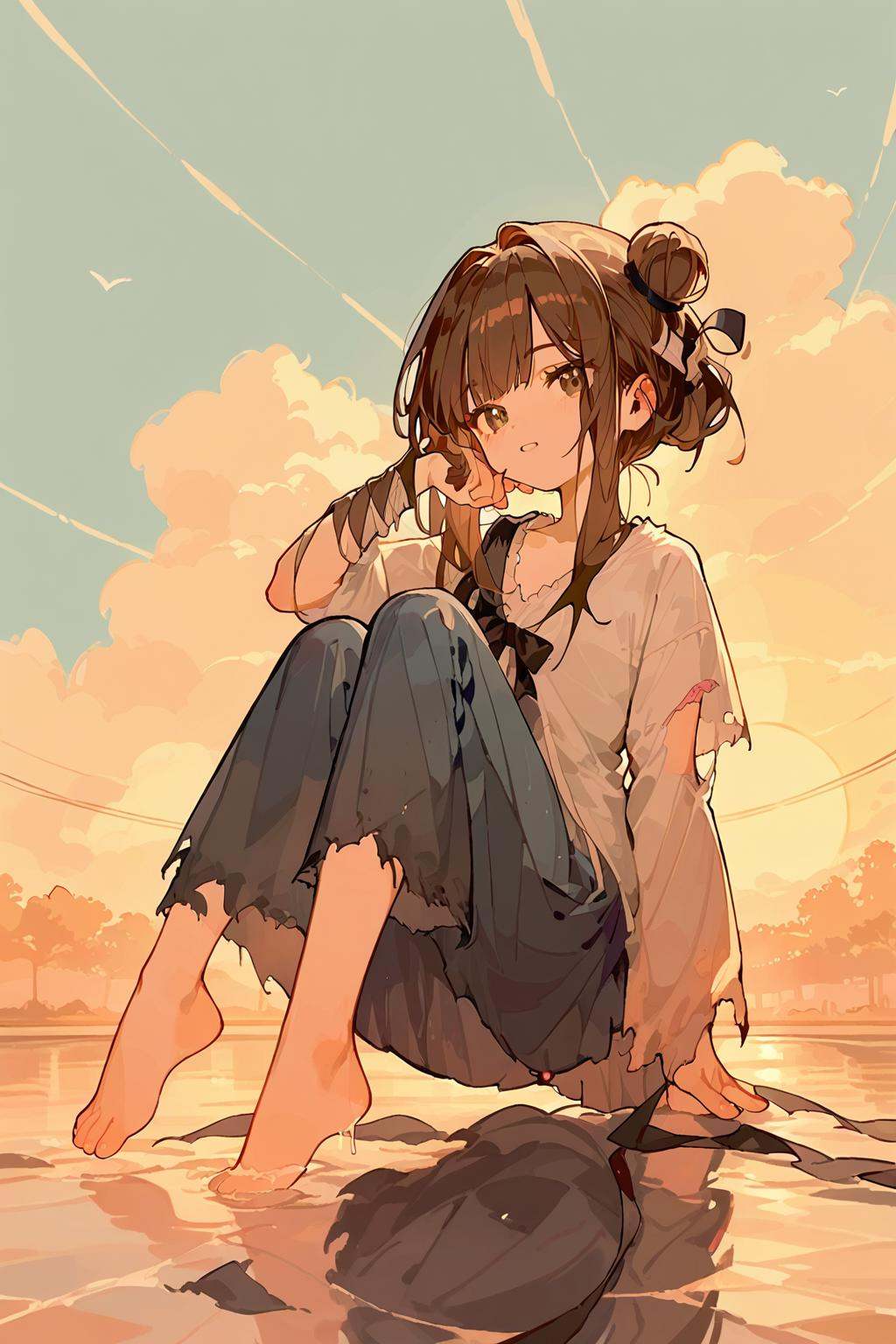 (score_9,score_8_up,score_7_up),<lora:mansui-v1:1>,mansui,1girl,solo,brown hair,torn clothes,shirt,hair bun,bangs,sunset,long hair,ribbon,good feet,anime,NSFW,expressive,amazing quality,ultra hd 32k,