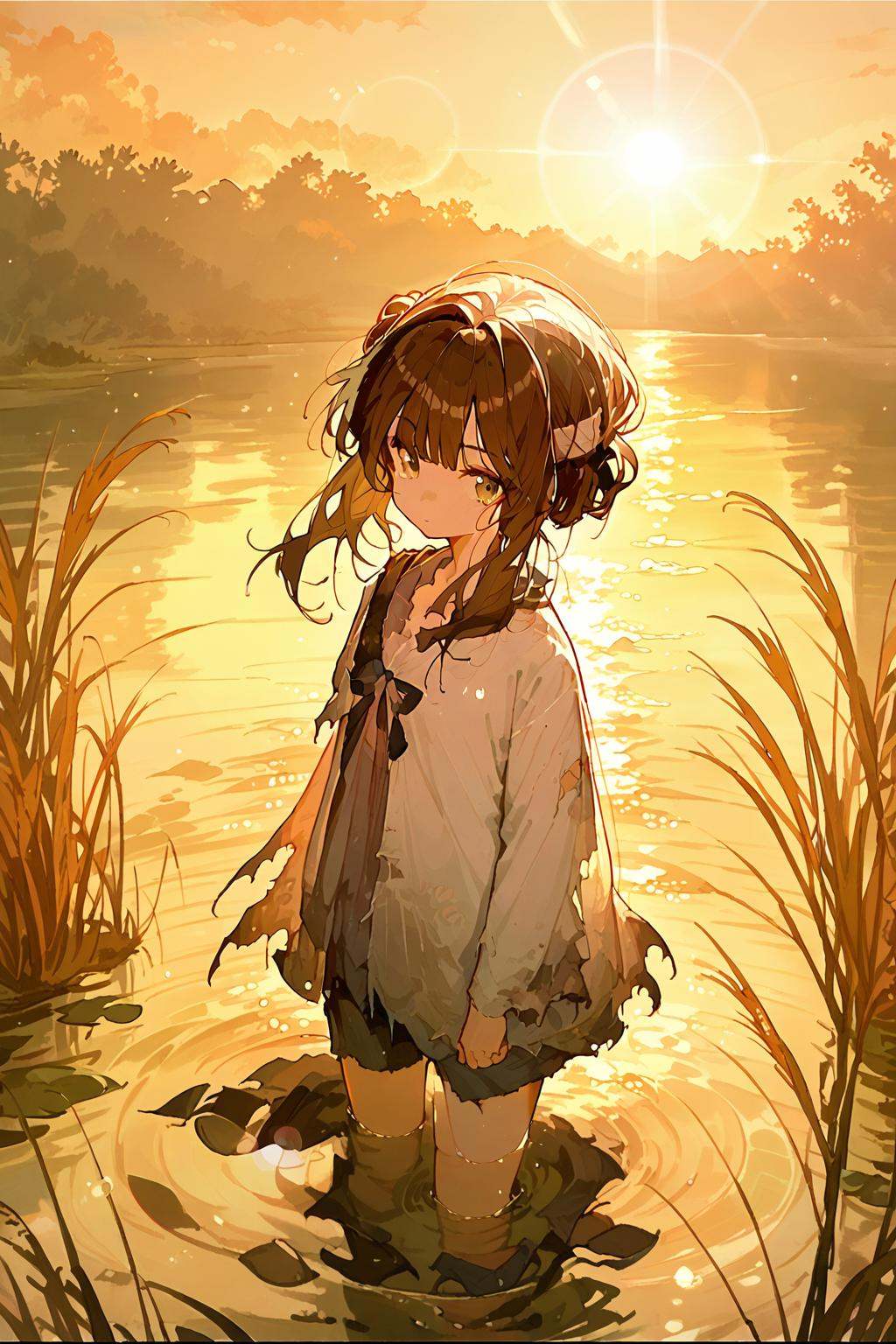 (score_9,score_8_up,score_7_up),<lora:mansui-v1:1>,mansui,1girl,solo,brown hair,wading,water,outdoors,looking at viewer,torn clothes,shirt,hair bun,closed mouth,bangs,sunset,long hair,ribbon,lens flare,sky,grass,sun,good feet,anime,NSFW,expressive,amazing quality,ultra hd 32k,