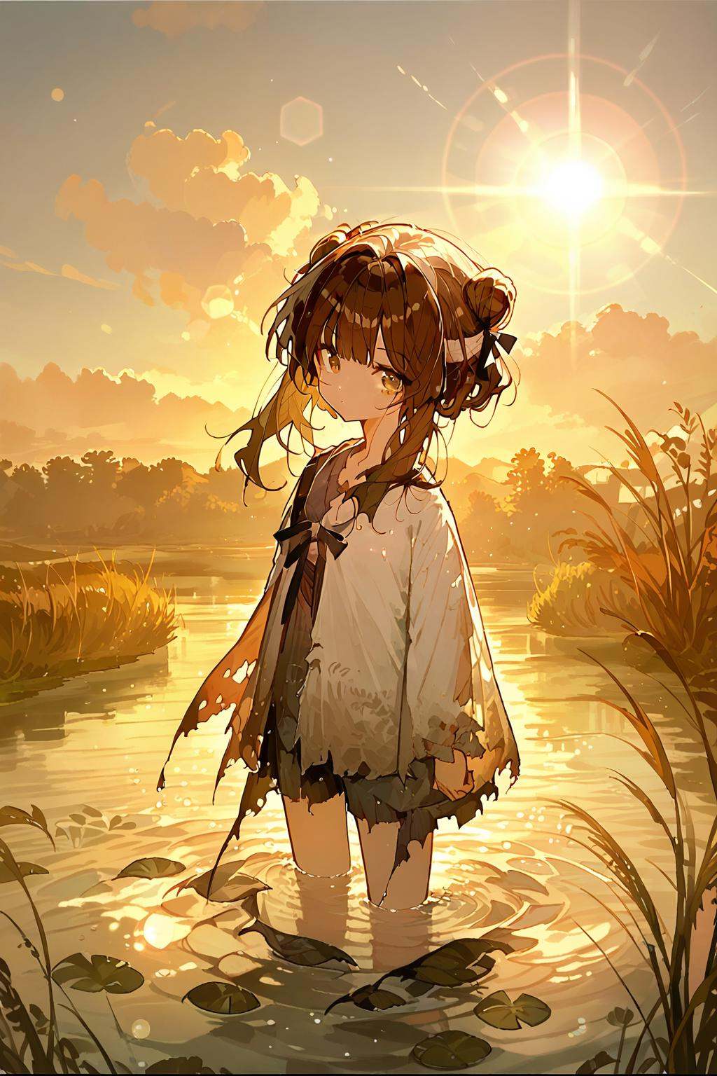 (score_9,score_8_up,score_7_up),<lora:mansui-v1:1>,mansui,1girl,solo,brown hair,wading,water,outdoors,looking at viewer,torn clothes,shirt,hair bun,closed mouth,bangs,sunset,long hair,ribbon,lens flare,sky,grass,sun,good feet,anime,NSFW,expressive,amazing quality,ultra hd 32k,