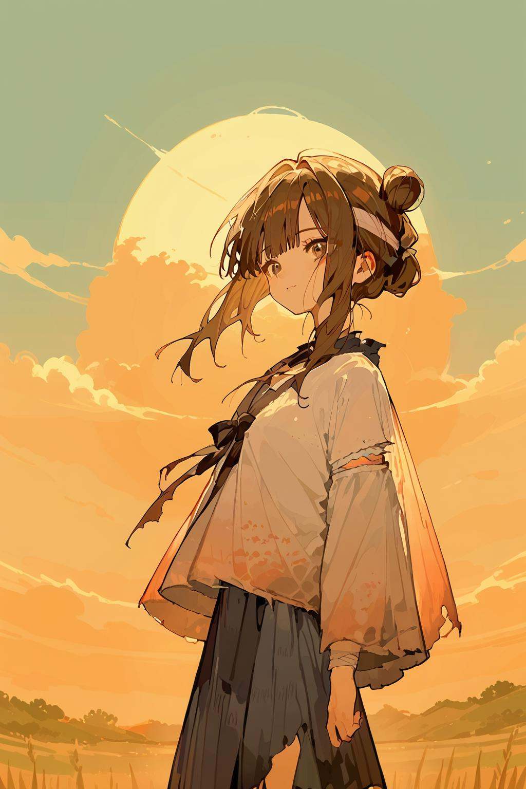 (score_9,score_8_up,score_7_up),<lora:mansui-v1:1>,mansui,1girl,solo,brown hair,torn clothes,shirt,hair bun,bangs,sunset,long hair,ribbon,good feet,anime,NSFW,expressive,amazing quality,ultra hd 32k,