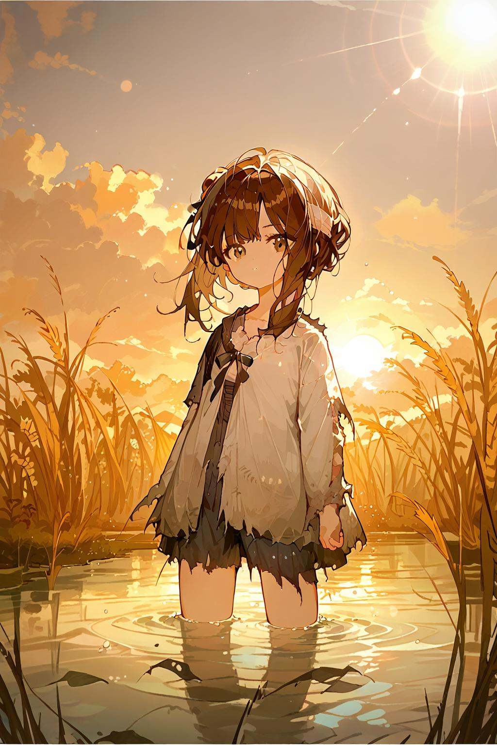 (score_9,score_8_up,score_7_up),<lora:mansui-v1:1>,mansui,1girl,solo,brown hair,wading,water,outdoors,looking at viewer,torn clothes,shirt,hair bun,closed mouth,bangs,sunset,long hair,ribbon,lens flare,sky,grass,sun,good feet,anime,NSFW,expressive,amazing quality,ultra hd 32k,