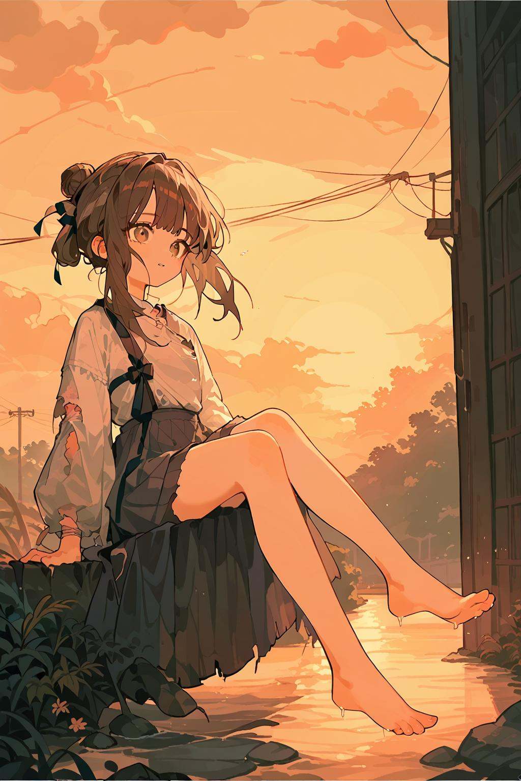 (score_9,score_8_up,score_7_up),<lora:mansui-v1:1>,mansui,1girl,solo,brown hair,torn clothes,shirt,hair bun,bangs,sunset,long hair,ribbon,good feet,anime,NSFW,expressive,amazing quality,ultra hd 32k,