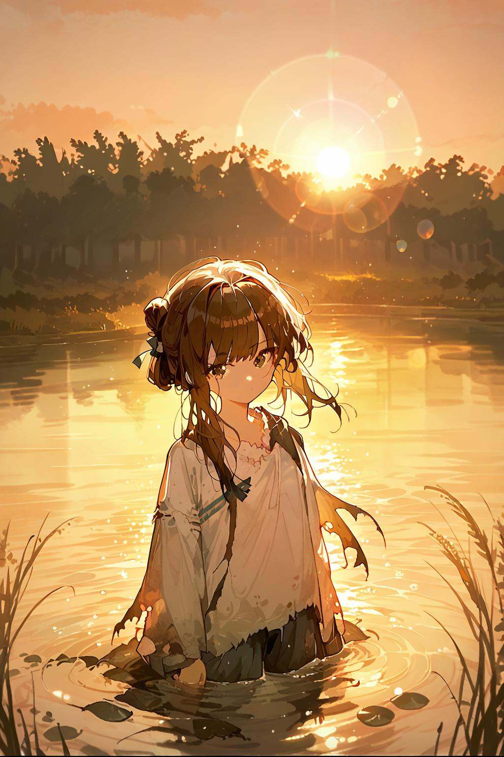 (score_9,score_8_up,score_7_up),<lora:mansui-v1:1>,mansui,1girl,solo,brown hair,wading,water,outdoors,looking at viewer,torn clothes,shirt,hair bun,closed mouth,bangs,sunset,long hair,ribbon,lens flare,sky,grass,sun,good feet,anime,NSFW,expressive,amazing quality,ultra hd 32k,