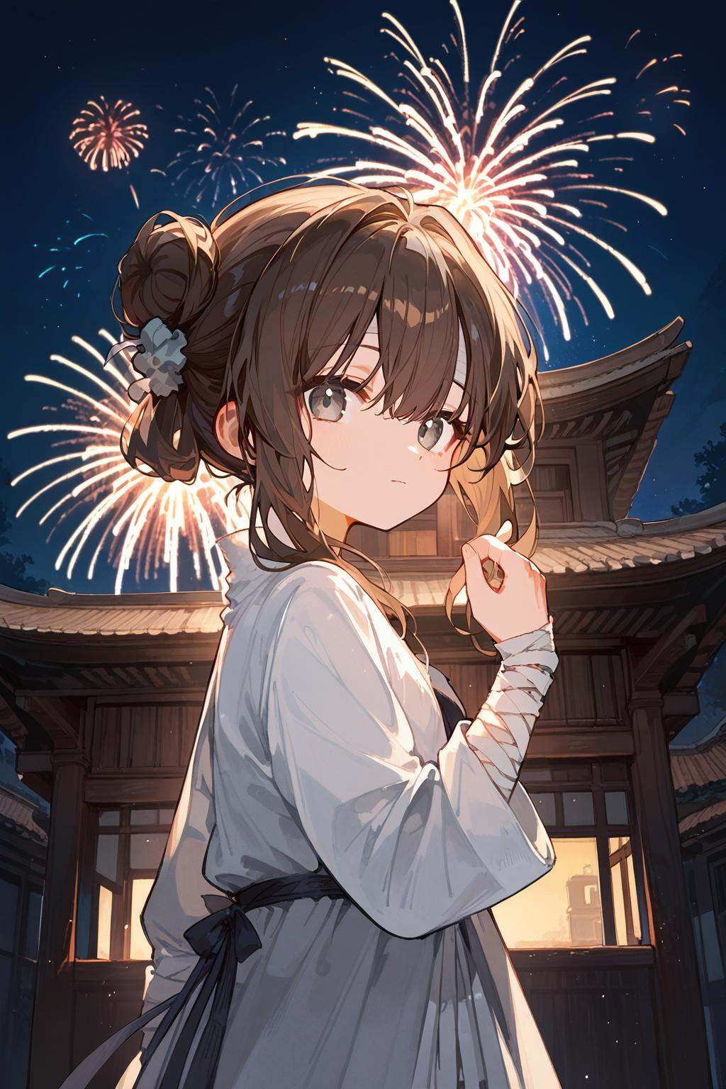(score_9,score_8_up,score_7_up),<lora:mansui-v1-000008:0.8>,mansui,1girl,solo,fireworks,outdoors,bandages,night,brown hair,bandaged arm,sky,looking at viewer,bangs,hair bun,grey eyes,long hair,building,closed mouth,hair between eyes,long sleeves,scrunchie,hair ornament,night sky,sidelocks,single hair bun,hand up,architecture,dress,good feet,anime,NSFW,expressive,amazing quality,ultra hd 32k,