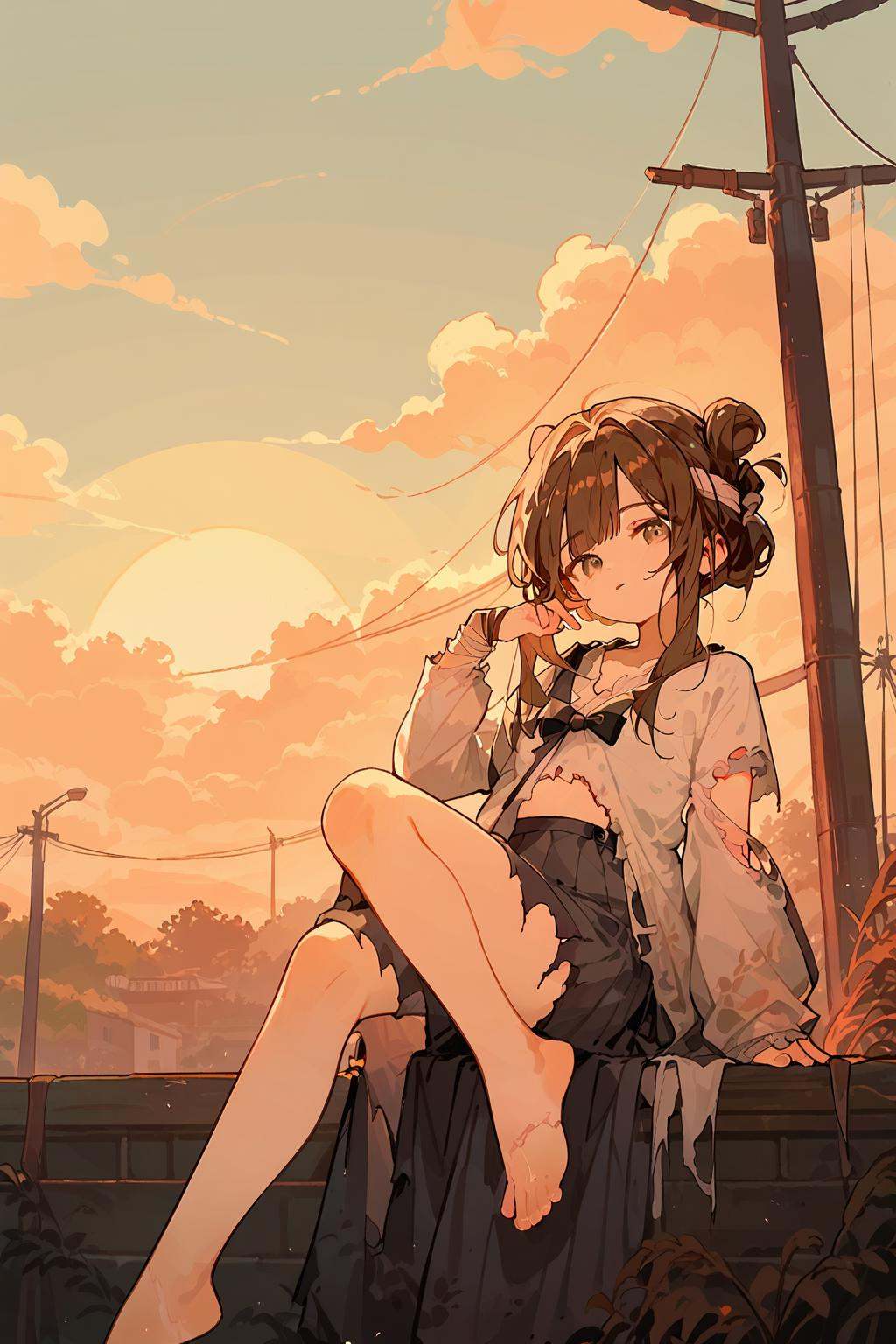 (score_9,score_8_up,score_7_up),<lora:mansui-v1:1>,mansui,1girl,solo,brown hair,torn clothes,shirt,hair bun,bangs,sunset,long hair,ribbon,good feet,anime,NSFW,expressive,amazing quality,ultra hd 32k,