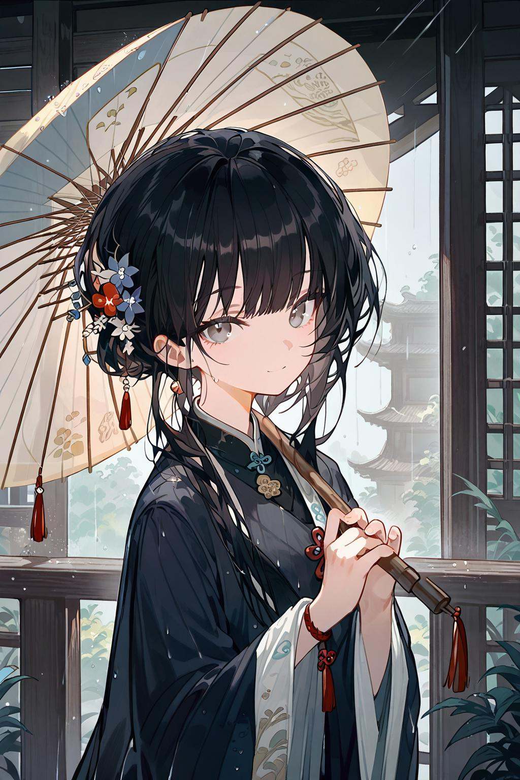 (score_9,score_8_up,score_7_up),<lora:mansui-v1:1>,hanfu,mansui,1girl,solo,umbrella,black hair,holding,long hair,holding umbrella,hair ornament,looking at viewer,smile,bangs,flower,chinese clothes,rain,hair flower,long sleeves,oil-paper umbrella,closed mouth,wide sleeves,grey eyes,upper body,jewelry,tassel,outdoors,railing,good feet,anime,NSFW,expressive,amazing quality,ultra hd 32k,