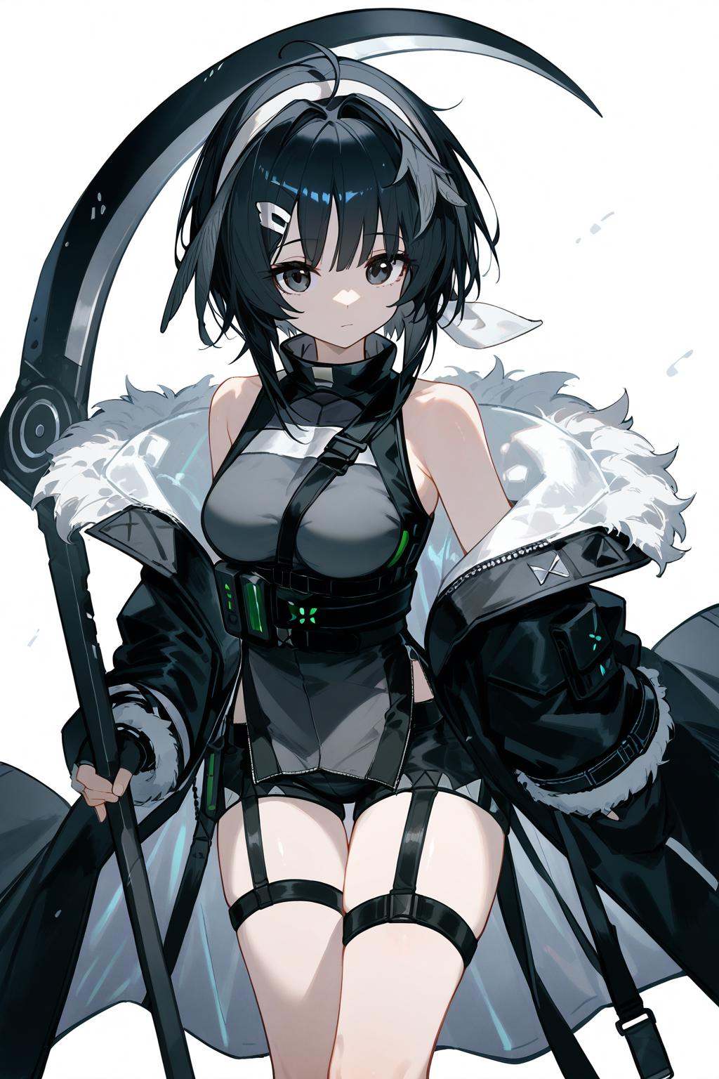 (score_9,score_8_up,score_7_up),<lora:La Pluma(Arknights)-v1>,la pluma (arknights),1girl,scythe,solo,black hair,fur trim,holding,breasts,short hair,shorts,white background,looking at viewer,holding scythe,gloves,black shorts,simple background,black eyes,bare shoulders,off shoulder,thigh strap,feet out of frame,black coat,fingerless gloves,ahoge,bangs,white hairband,coat,weapon,fur-trimmed coat,sleeveless,medium breasts,standing,black gloves,short shorts,hairband,open clothes,between breasts,fur-trimmed jacket,jacket,holding weapon,long sleeves,fur-trimmed sleeves,closed mouth,open coat,black footwear,hairclip,shirt,hair intakes,black jacket,thighs,hair ornament,good feet,anime,NSFW,expressive,amazing quality,ultra hd 32k,