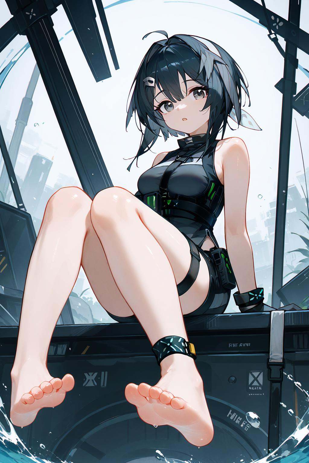 (score_9,score_8_up,score_7_up),<lora:La Pluma(Arknights)-v1>,la pluma (arknights),1girl,black hair,solo,breasts,barefoot,thigh strap,short hair,shorts,water,feet,hairclip,sleeveless,gloves,black shorts,shirt,medium breasts,hair ornament,ahoge,hair intakes,infection monitor (arknights),sleeveless shirt,black gloves,bare shoulders,toes,hair between eyes,black eyes,soles,arm support,feather hair,bangs,looking at viewer,black shirt,open mouth,sitting,full body,grey eyes,leaning back,short shorts,:o,parted lips,leg up,thighs,bare legs,good feet,anime,NSFW,expressive,amazing quality,ultra hd 32k,