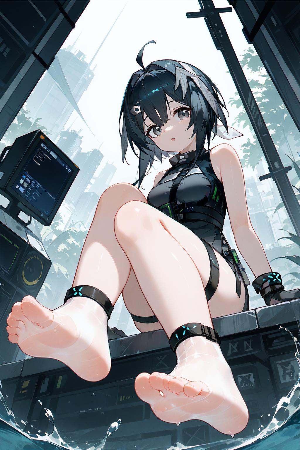 (score_9,score_8_up,score_7_up),<lora:La Pluma(Arknights)-v1>,la pluma (arknights),1girl,black hair,solo,breasts,white_thighhighs,thigh strap,short hair,water,feet,hairclip,sleeveless,gloves,shirt,medium breasts,hair ornament,ahoge,hair intakes,infection monitor (arknights),sleeveless shirt,black gloves,bare shoulders,toes,hair between eyes,black eyes,soles,arm support,feather hair,bangs,looking at viewer,black shirt,open mouth,sitting,full body,grey eyes,leaning back,:o,parted lips,leg up,thighs,bare legs,good feet,anime,NSFW,expressive,amazing quality,ultra hd 32k,