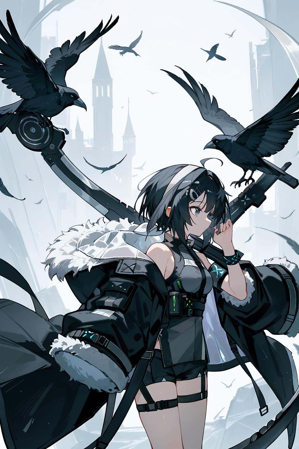 (score_9,score_8_up,score_7_up),<lora:La Pluma(Arknights)-v1>,la pluma (arknights),1girl,holding,solo,bird,thigh strap,fur trim,shirt,sleeveless,short hair,hair intakes,ahoge,blue eyes,hairclip,breasts,hair ornament,white hairband,black hair,shorts,coat,black shorts,jacket,hairband,open clothes,feather hair,bare shoulders,holding weapon,bangs,feathers,sleeveless shirt,black coat,weapon,scythe,fur-trimmed jacket,black jacket,armband,medium breasts,long sleeves,holding scythe,fur-trimmed coat,motion blur,closed mouth,open coat,crow,fur-trimmed sleeves,off shoulder,small breasts,profile,grey shirt,collarbone,good feet,anime,NSFW,expressive,amazing quality,ultra hd 32k,