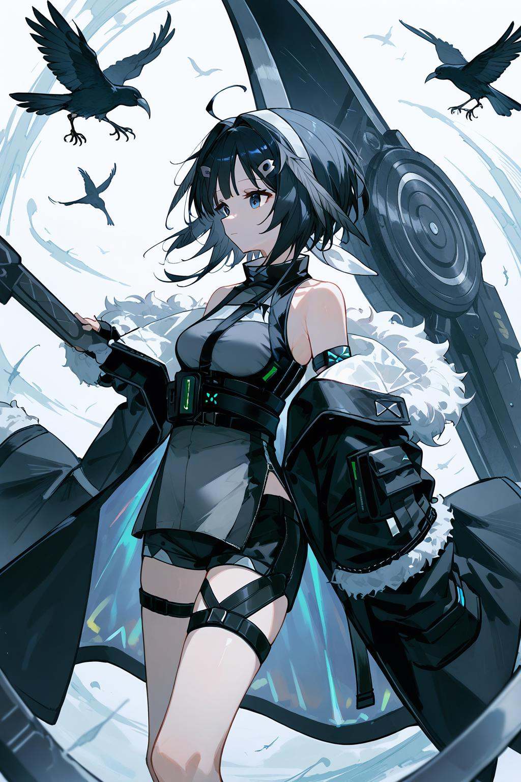 (score_9,score_8_up,score_7_up),<lora:La Pluma(Arknights)-v1>,la pluma (arknights),1girl,holding,solo,bird,thigh strap,fur trim,shirt,sleeveless,short hair,hair intakes,ahoge,blue eyes,hairclip,breasts,hair ornament,white hairband,black hair,shorts,coat,black shorts,jacket,hairband,open clothes,feather hair,bare shoulders,holding weapon,bangs,feathers,sleeveless shirt,black coat,weapon,scythe,fur-trimmed jacket,black jacket,armband,medium breasts,long sleeves,holding scythe,fur-trimmed coat,motion blur,closed mouth,open coat,crow,fur-trimmed sleeves,off shoulder,small breasts,profile,grey shirt,collarbone,good feet,anime,NSFW,expressive,amazing quality,ultra hd 32k,