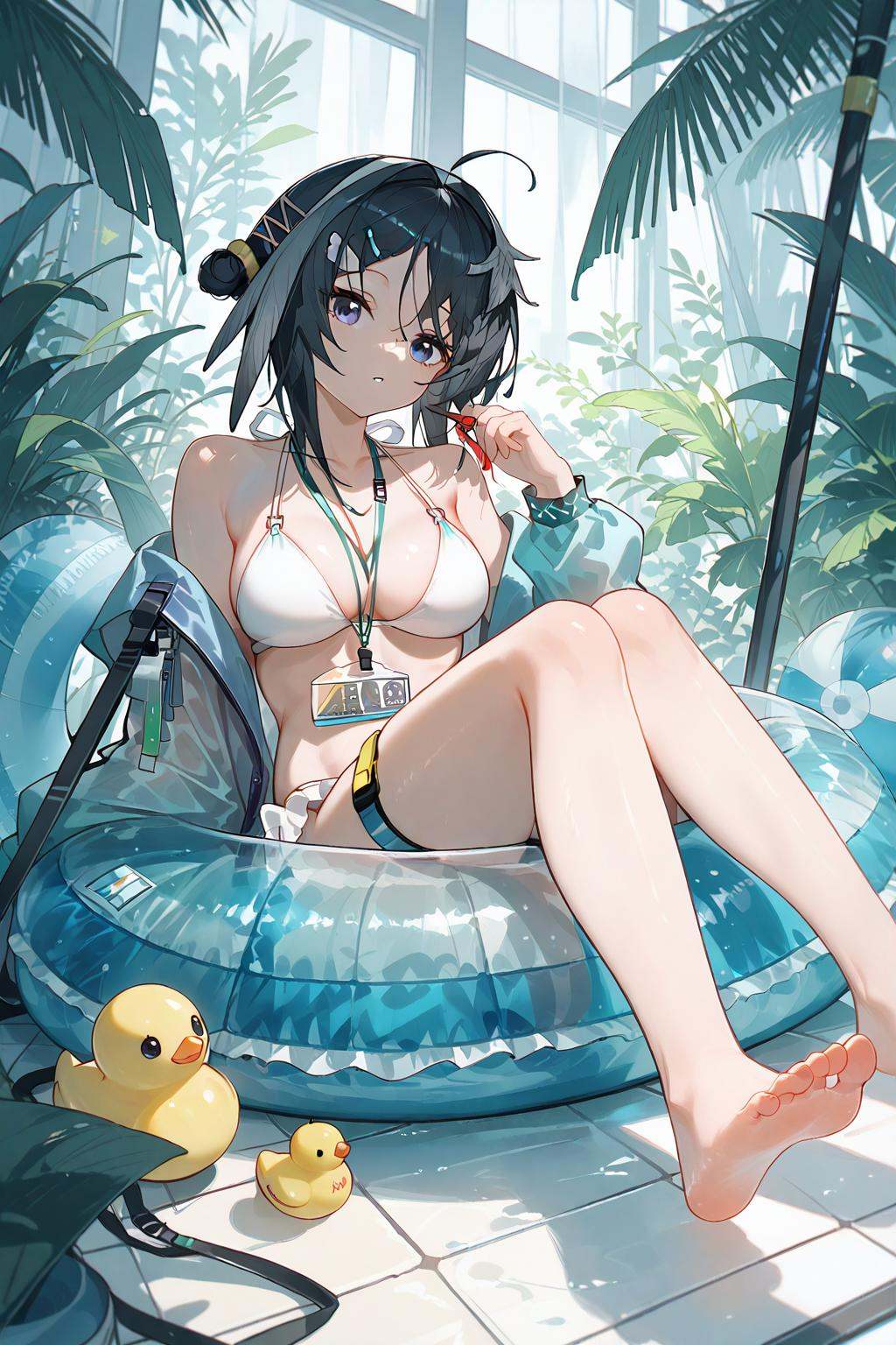 (score_9,score_8_up,score_7_up),<lora:La Pluma(Arknights)-v1:1.1>,la pluma (arknights),1girl,rubber duck,solo,swimsuit,official alternate costume,feet,breasts,bikini,barefoot,white bikini,ball,blue eyes,looking at viewer,beachball,jacket,toes,soles,thigh strap,water,black hair,innertube,off shoulder,open jacket,bare shoulders,medium breasts,cleavage,id card,open clothes,short hair,hair ornament,hairclip,feather hair,sitting,bangs,holding,ahoge,thighs,bare legs,parted lips,single side bun,legs,plant,long sleeves,goggles,lanyard,large breasts,good feet,anime,NSFW,expressive,amazing quality,ultra hd 32k,