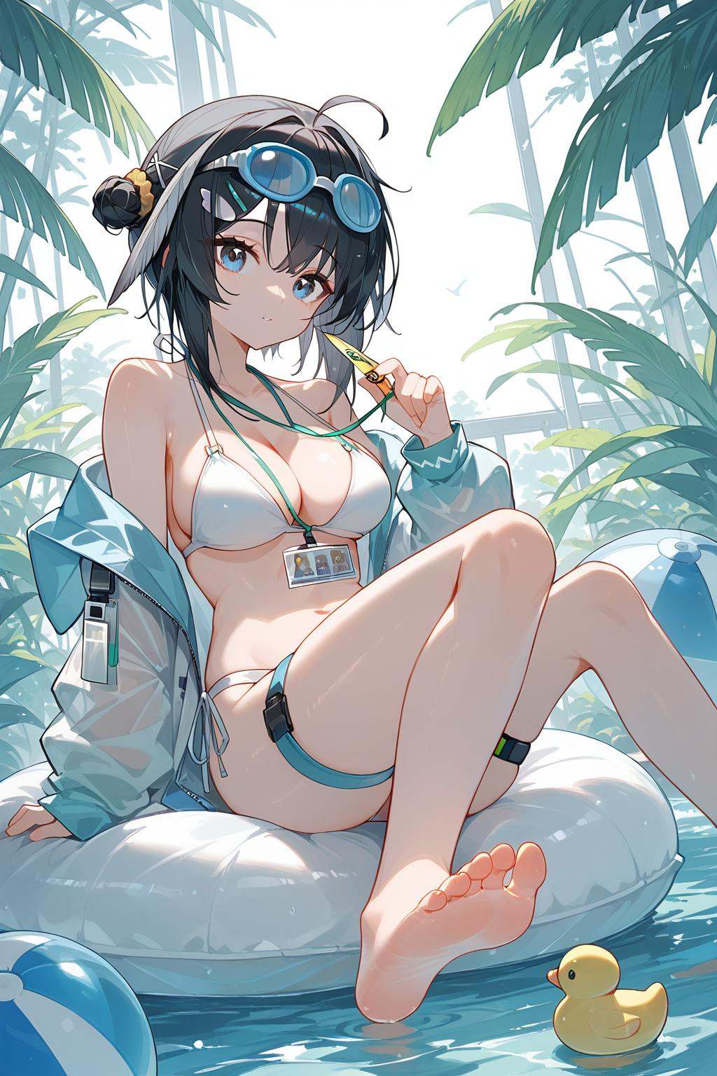 (score_9,score_8_up,score_7_up),<lora:La Pluma(Arknights)-v1-000008:0.6>,la pluma (arknights),1girl,solo,swimsuit,breasts,rubber duck,feet,barefoot,official alternate costume,bikini,ball,blue eyes,looking at viewer,jacket,white bikini,toes,soles,beachball,thigh strap,water,id card,open jacket,off shoulder,holding,short hair,bare shoulders,open clothes,feather hair,medium breasts,cleavage,sitting,black hair,bare legs,bangs,single side bun,goggles,thighs,lanyard,large breasts,plant,legs,hairclip,long sleeves,ahoge,good feet,anime,NSFW,expressive,amazing quality,ultra hd 32k,