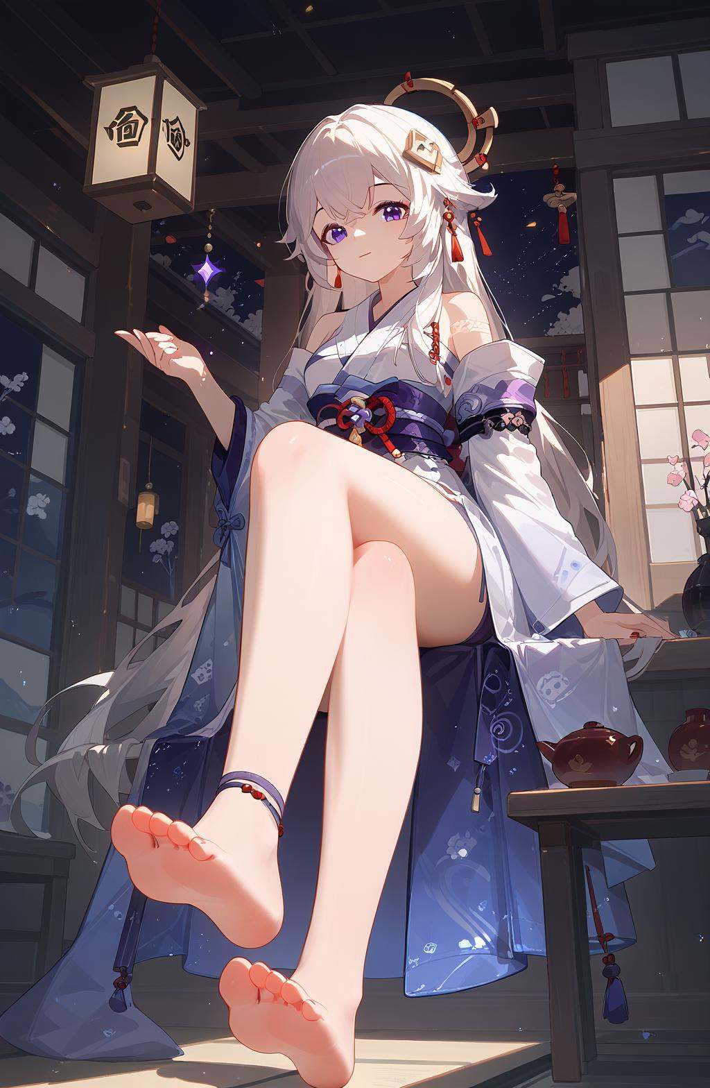 (score_9,score_8_up,score_7_up),<lora:xinhui_(kalabiqiu)_v1:1>,xinhui_(kalabiqiu),1girl,barefoot,feet,anklet,solo,japanese clothes,long hair,kimono,toes,soles,looking at viewer,indoors,bare legs,bangs,hair ornament,legs,very beautiful,good feet,no shoes,ultra hd 32k,anime,NSFW,