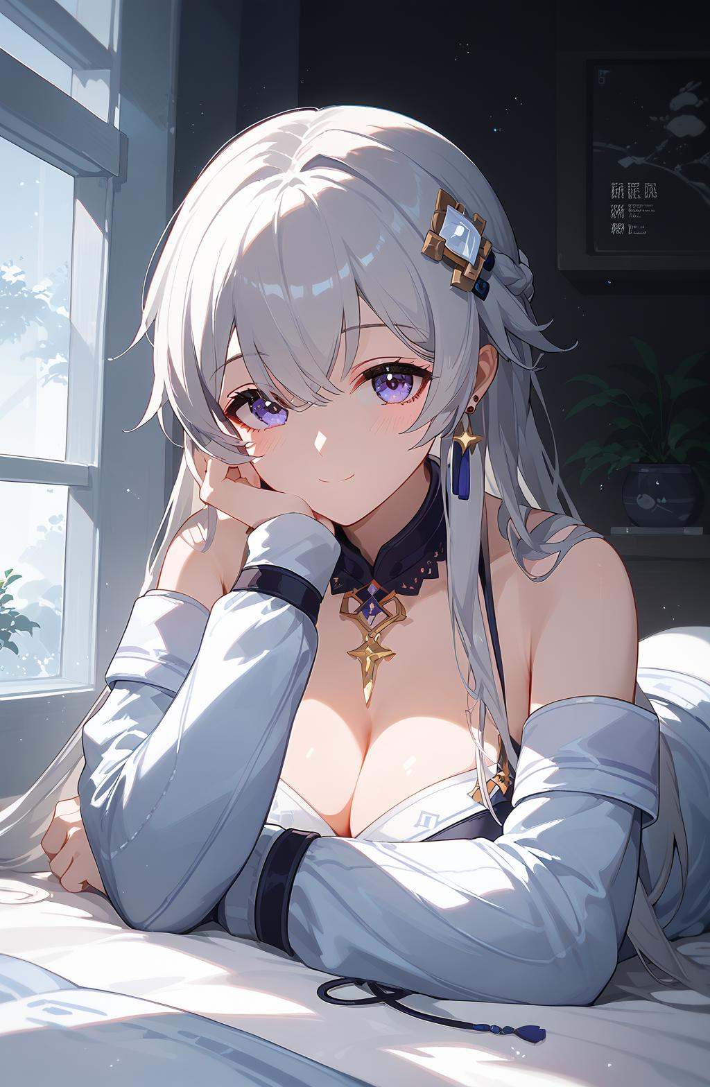 (score_9,score_8_up,score_7_up),<lora:xinhui_(kalabiqiu)_v1:1>,xinhui_(kalabiqiu),1girl,breasts,solo,cleavage,hair ornament,lying,long hair,large breasts,earrings,indoors,smile,sweater,looking at viewer,window,on stomach,bare shoulders,head rest,tassel,closed mouth,long sleeves,bangs,elbow rest,blush,off shoulder,ass,pants,very beautiful,good feet,no shoes,expressive,foreshortening,ultra hd 32k,moody lighting,NSFW,anime,