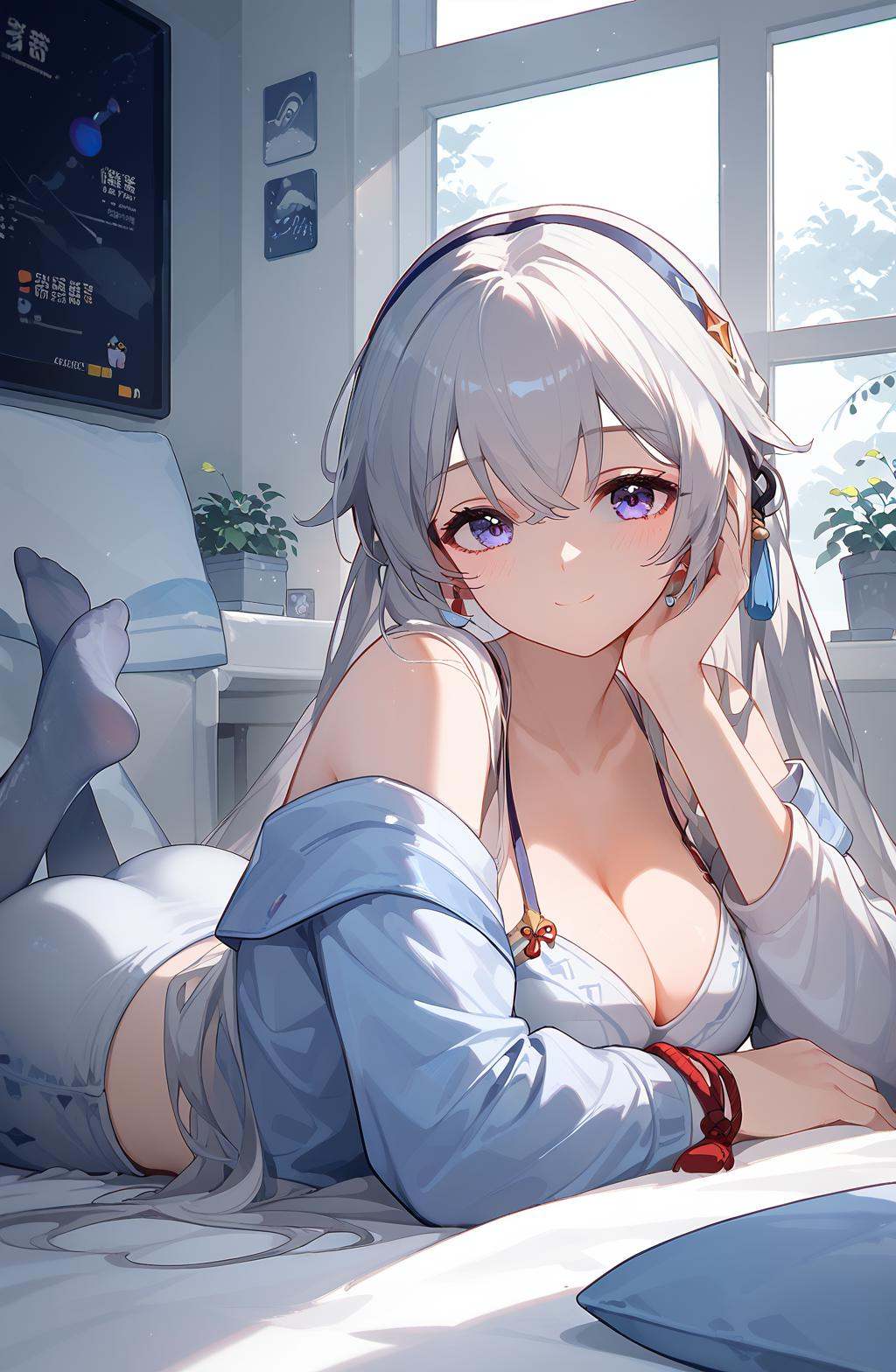 (score_9,score_8_up,score_7_up),<lora:xinhui_(kalabiqiu)_v1:1>,xinhui_(kalabiqiu),1girl,breasts,solo,cleavage,hair ornament,lying,long hair,large breasts,earrings,indoors,smile,sweater,looking at viewer,window,on stomach,bare shoulders,head rest,tassel,closed mouth,long sleeves,bangs,elbow rest,blush,off shoulder,ass,pants,very beautiful,good feet,no shoes,expressive,foreshortening,ultra hd 32k,moody lighting,NSFW,anime,