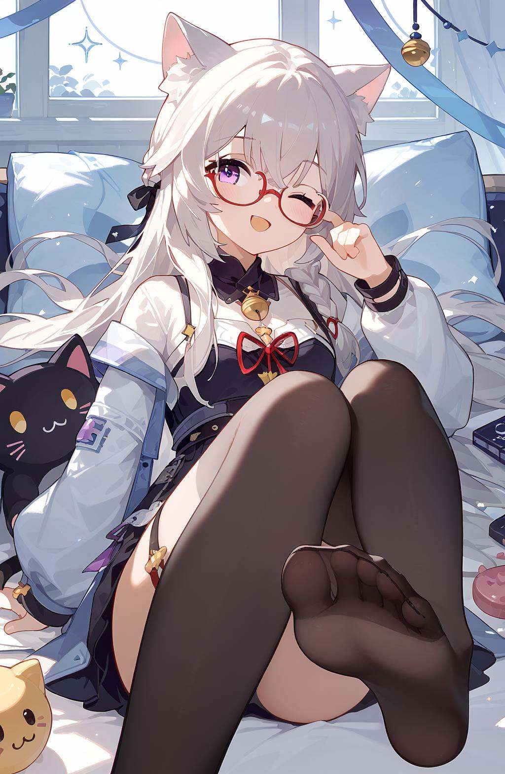 (score_9,score_8_up,score_7_up),<lora:xinhui_(kalabiqiu)_v1:1>,xinhui_(kalabiqiu),1girl,one eye closed,glasses,thighhighs,open mouth,feet,no shoes,smile,soles,solo,looking at viewer,cat ears,long hair,toes,blush,;d,semi-rimless eyewear,stuffed toy,long sleeves,black thighhighs,anime,NSFW,good feet,expressive,