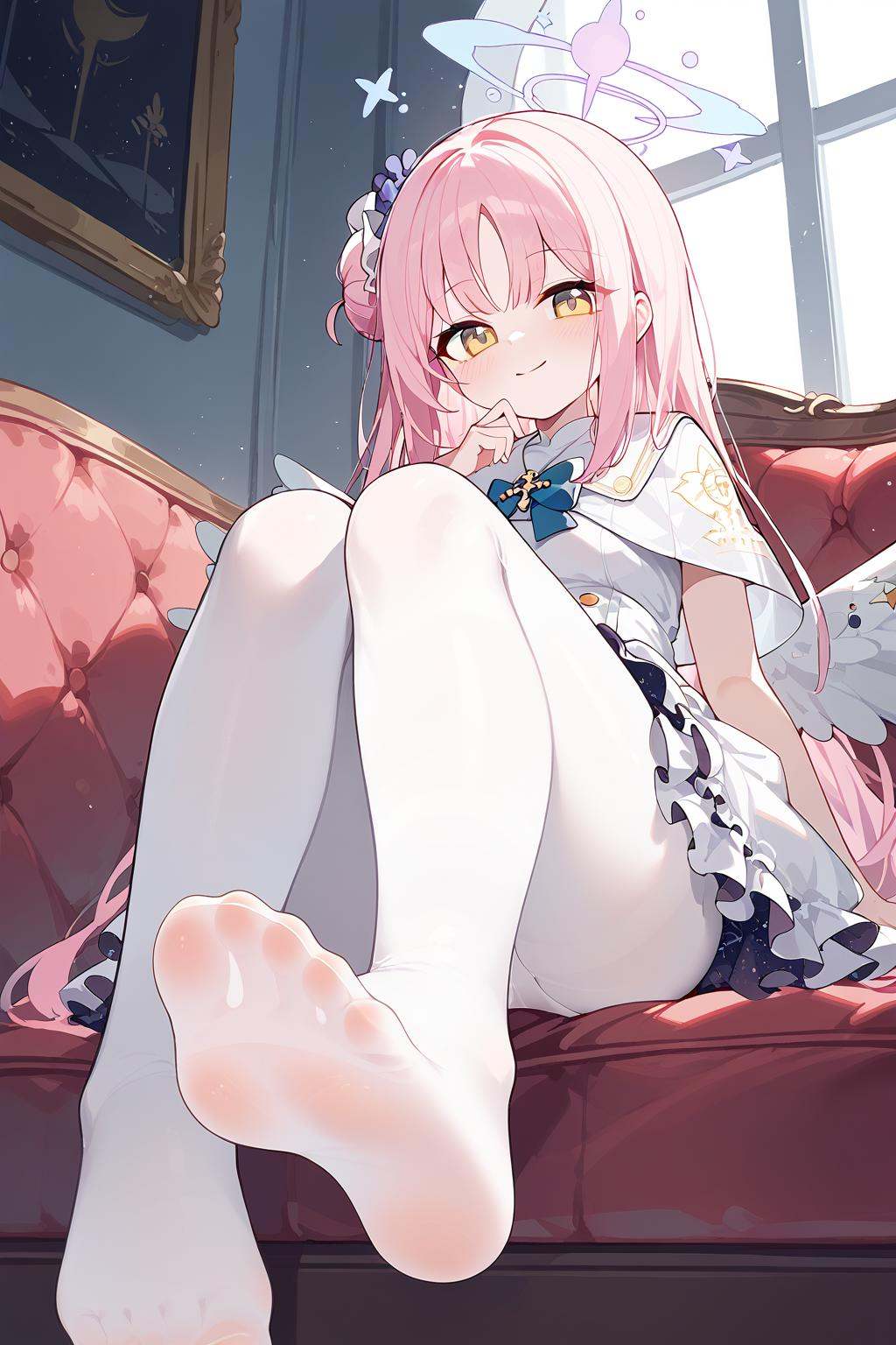 (score_9,score_8_up,score_7_up),<lora:Mika(Arknights)-v1:1> ,mika (blue archive),1girl,solo,pink hair,pantyhose,no shoes,white pantyhose,long hair,dress,feet,white dress,halo,smile,yellow eyes,looking at viewer,blush,wings,sitting,bow,hair bun,panties,underwear,soles,capelet,bangs,couch,closed mouth,legs,blue bow,single side bun,panties under pantyhose,frills,indoors,toes,breasts,frilled dress,hair ornament,window,very long hair,flower,hair flower,white capelet,pillow,white wings,angel wings,feathered wings,bowtie,good feet,anime,NSFW,expressive,amazing quality,ultra hd 32k,
