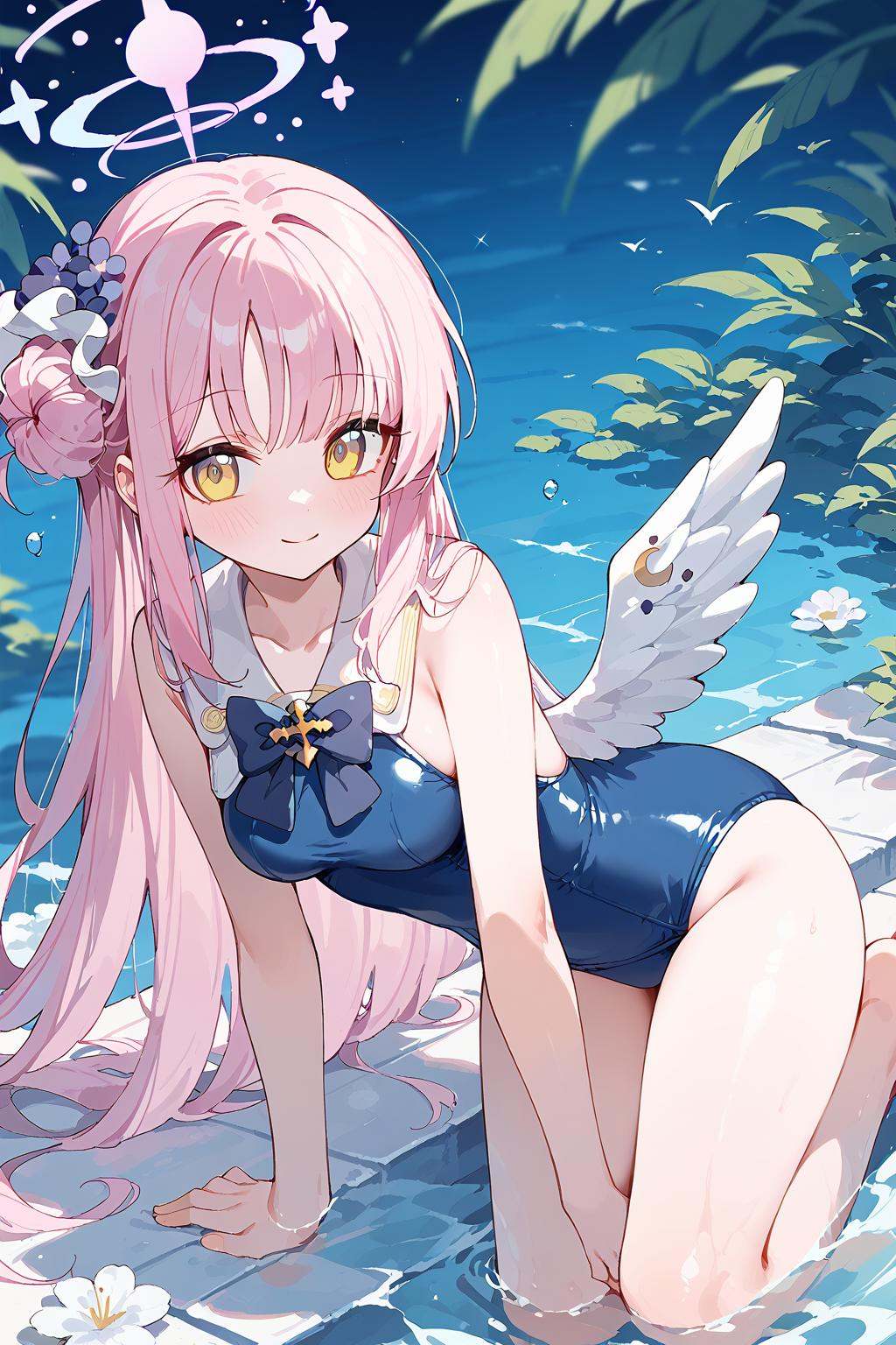 (score_9,score_8_up,score_7_up),<lora:Mika(Arknights)-v1:1>,1girl,mika (blue archive),wings,long hair,solo,halo,pink hair,single side bun,smile,bow,capelet,hair bun,white wings,hair ornament,feathered wings,flower,breasts,looking at viewer,bangs,blush,hair flower,yellow eyes,angel wings,closed mouth,scrunchie,blue bow,medium breasts,very long hair,bowtie,low wings,black scrunchie,black bow,leaning forward,one-piece swimsuit,swimsuit,long hair,sitting,looking at viewer,wariza,water,school swimsuit,braid,breasts,white one-piece swimsuit,barefoot,shallow water,bare legs,flower,bangs,hand between legs,single braid,bare arms,collarbone,between legs,blush,blue one-piece swimsuit,white flower,bare shoulders,bow,blurry,good feet,anime,NSFW,expressive,amazing quality,ultra hd 32k,